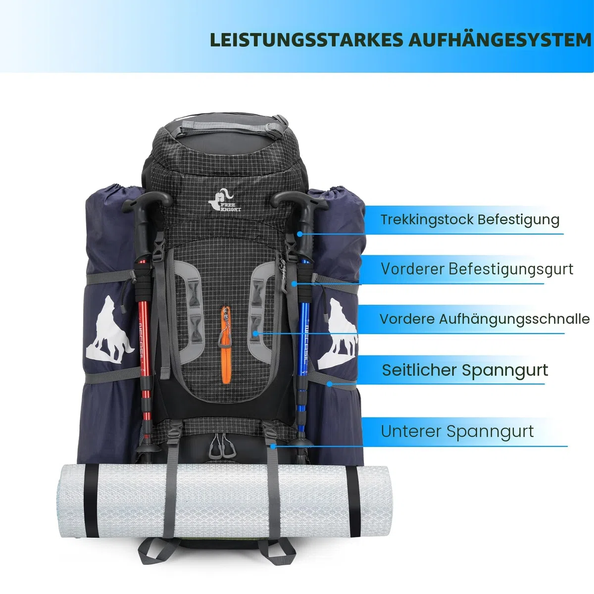 Bseash 80L Wasserdichter Wanderrucksack mit Regenschutz, leichter Outdoor-Sport, Reisen, Tagesrucksack für Klettern, Touren (Schwarz)