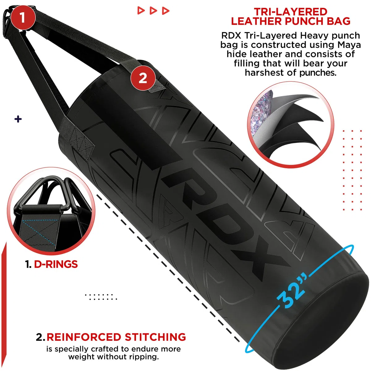 RDX Gefüllt Boxsack Kinder,60 cm Hängend Box Set Für Boxen Kickboxen MMA Muay Thai Karate, Punchingsäcke für Jungen Mädchen, Maya Hide Leder Kids Punching Bag