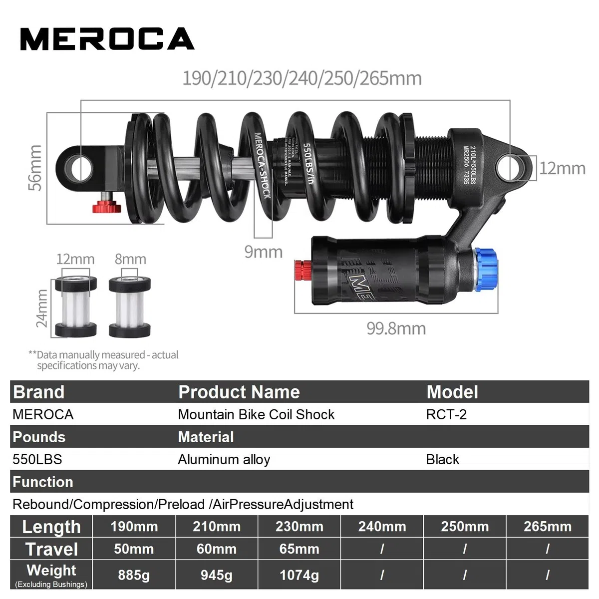MEROCA Einstellbarer Luftfeder-Spiralfeder-Über-Stoßdämpfer für Mountainbikes, 190-265mm, 550LBS-Feder, Rückprall, Kompression, Vorspannung und Luftdruck (200-300 PSI) Passend für MTB/Downhill/E-Bikes