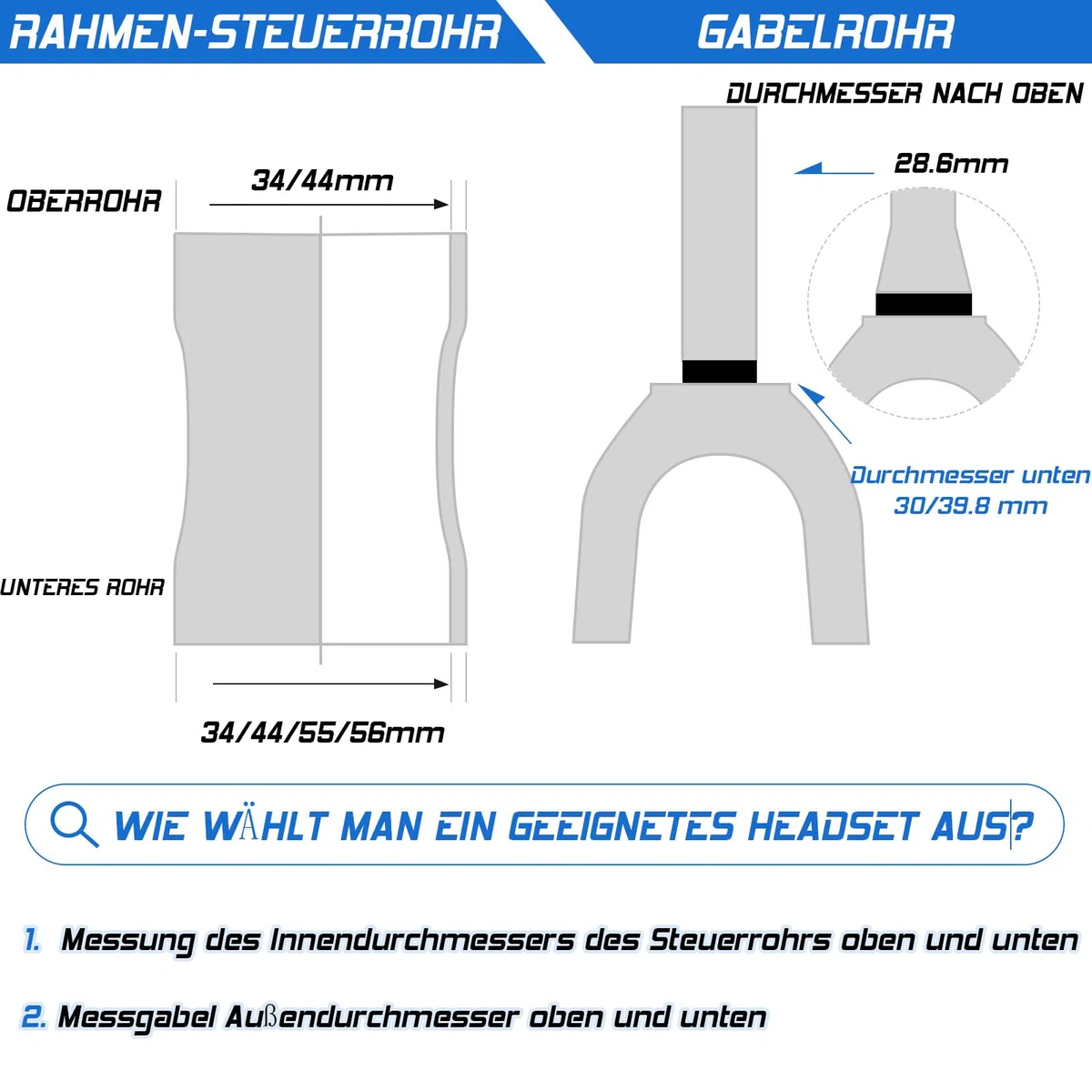 1-1/8 Fahrrad-Steuersatz MTB Gewindefrei 34 44 44-55 44-56 mm, gerades konisches Rohr Mountainbikes Rennrad Doppelt abgedichtete Lager Steuersätze, für Rahmen Gabel-Expander-Stopfen Sternmutter