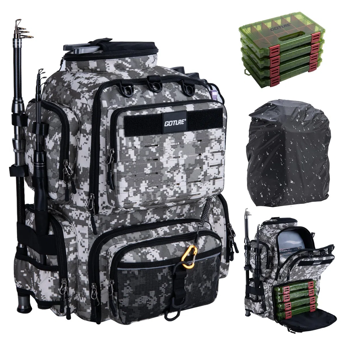 Goture Angelrucksack mit 4 Köderbox Angeln, 45-Liter Angelzubehör-Rucksack mit Zwei Rutenhaltern und Regenschutz, 900D Oxford-Gewebe Wasserabweisende Angelgerätetasche mit verstellbarem Fach