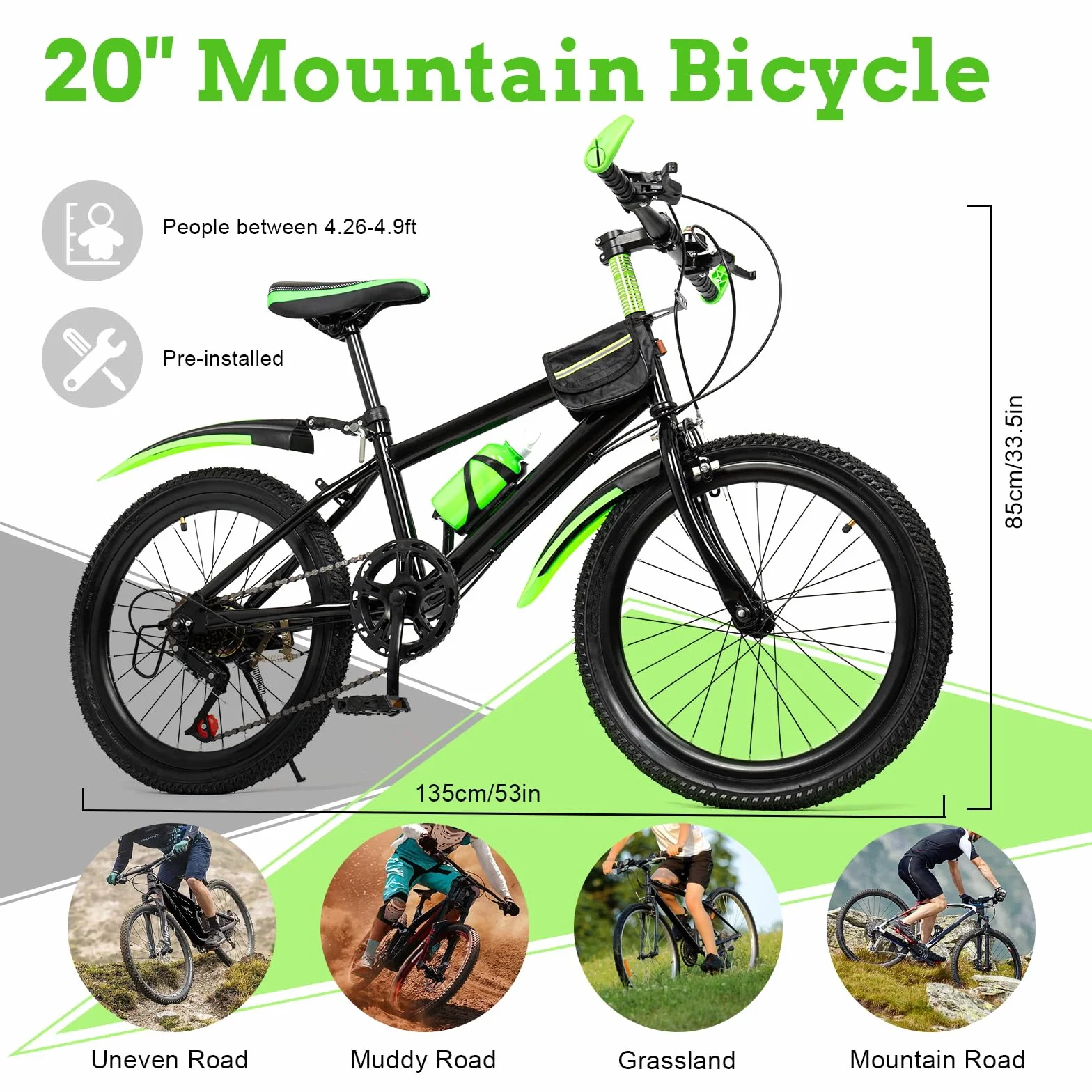 20 Zoll Kinderfahrrad Kinder Fahrrad für Jungen & Mädchen, 7 Gang Mountainbike mit Schutzblech, Wasserflasche, Kompassglocke, Tragfähigkeit 85KG, Von 8-13 Jahren