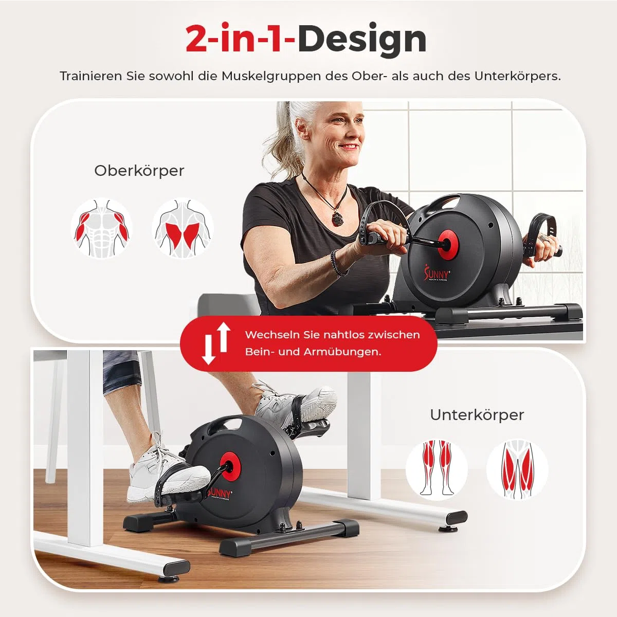 Sunny Health & Fitness Smart-Heimtrainer, Untertisch-Mini-Pedaltrainer mit Doppelfunktion für Senioren, Cardio-Training zu Hause, optional mit kostenloser SunnyFit-App & Magnetic