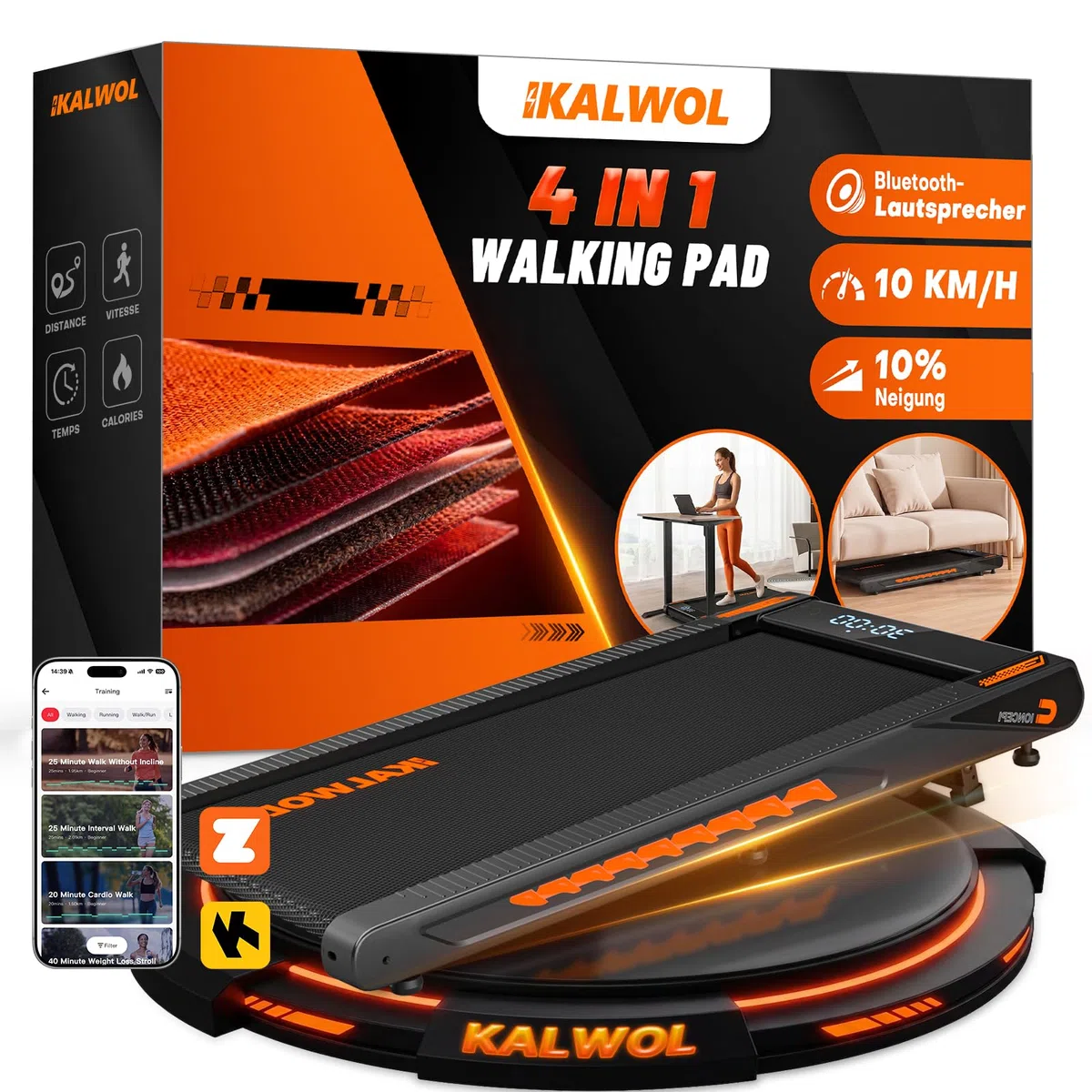 Walking Pad mit Bluetooth Lautsprecher, 4 in 1 10km/h Laufband für Zuhause mit 10% Steigung, 2,75 HP bürstenloser Treadmill für Zuhause & Büro mit LED-Display, 12 HIIT-Programme, Bis 160 kg