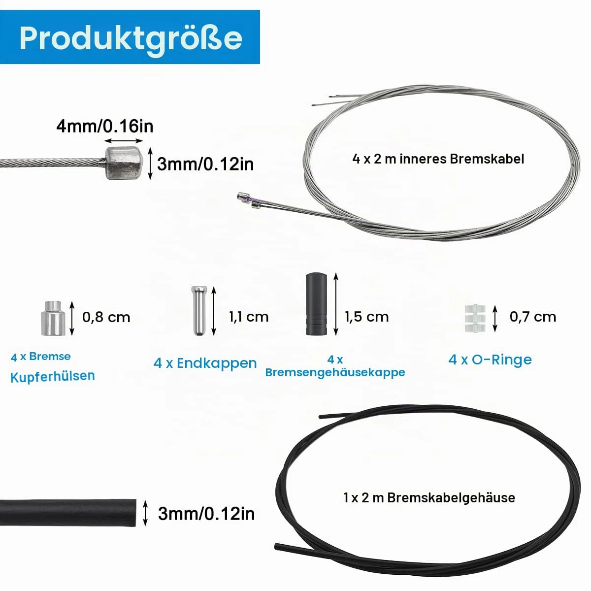 Fahrrad-Schaltzug-Set, 4 Stück Schaltzug und eine 2 m Fahrrad-Schaltzugaußenhülle, Fahrrad-Schaltzugdraht für Mountain- und MTB-Rennrad mit 2 kostenlosen O-Ringen, 4 Endhülsen und 4 Endkappen