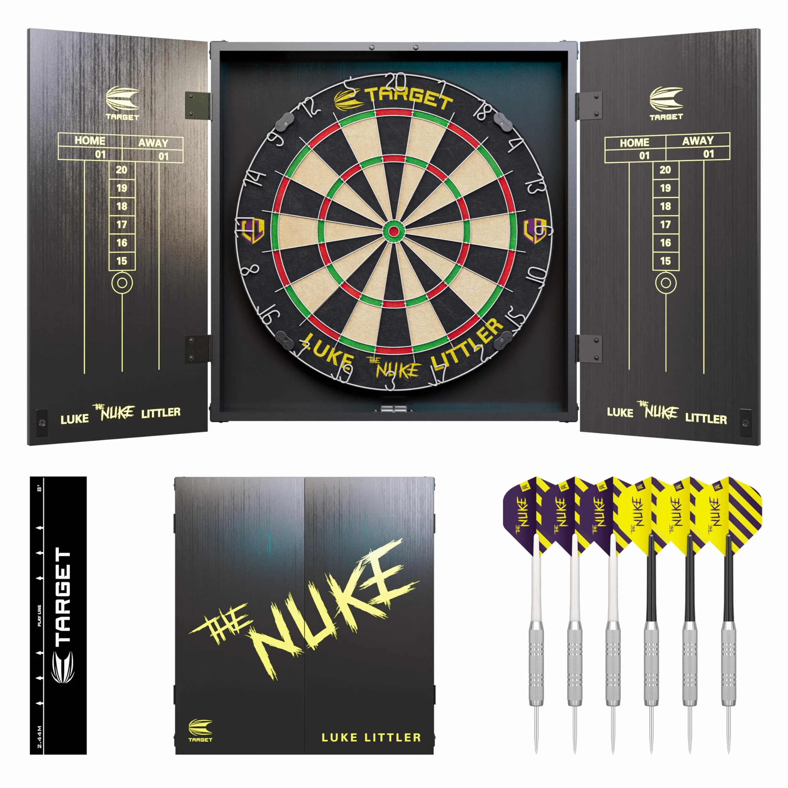 Target Darts Player Dartboard and Cabinet Set | Luke Littler/Dimitri Van den Bergh/Gabriel Clemens | Dartschrank mit 2 Sets Steel-Dart-Pfeilen, Score-Charts, Wurf-Standardlinie für Wettbewerbe