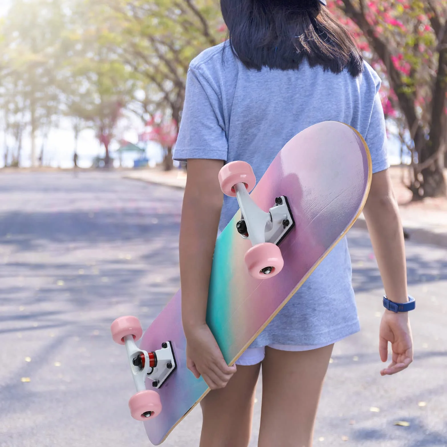 Skateboard für Jugendliche, Mädchen, Kinder, Erwachsene, Anfänger, 7 Schichten aus Ahornholz, Tablett, 80 x 20 cm, Tasche, Skateboard, Regenbogenpulver
