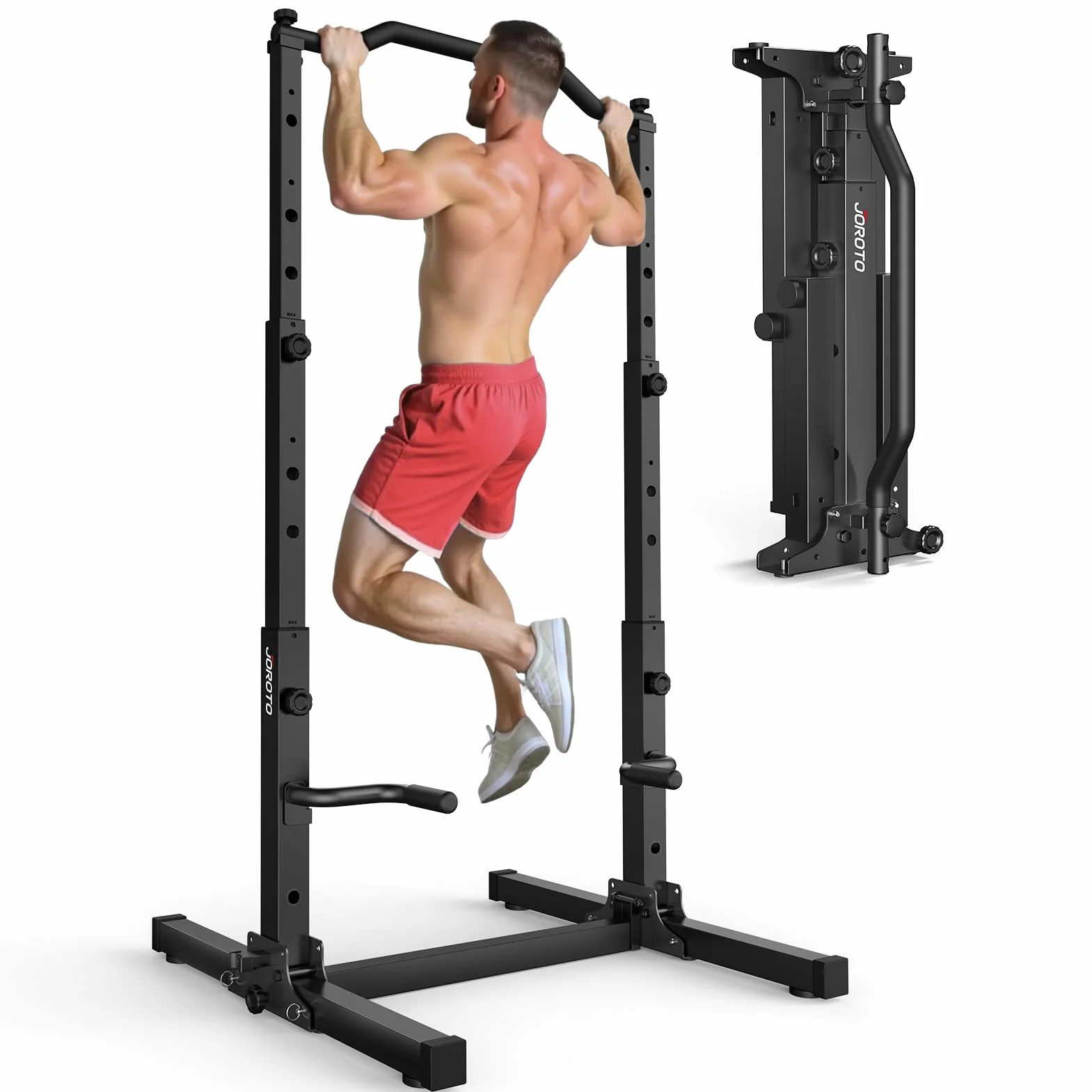 JOROTO Faltbar Power Tower Klimmzugstange & Dip Station, Freistehend Höhenverstellbar, 5-in-1 Rückentrainer für Zuhause, Multifunktionale Krafttraining Home Gym, 172KG Belastung