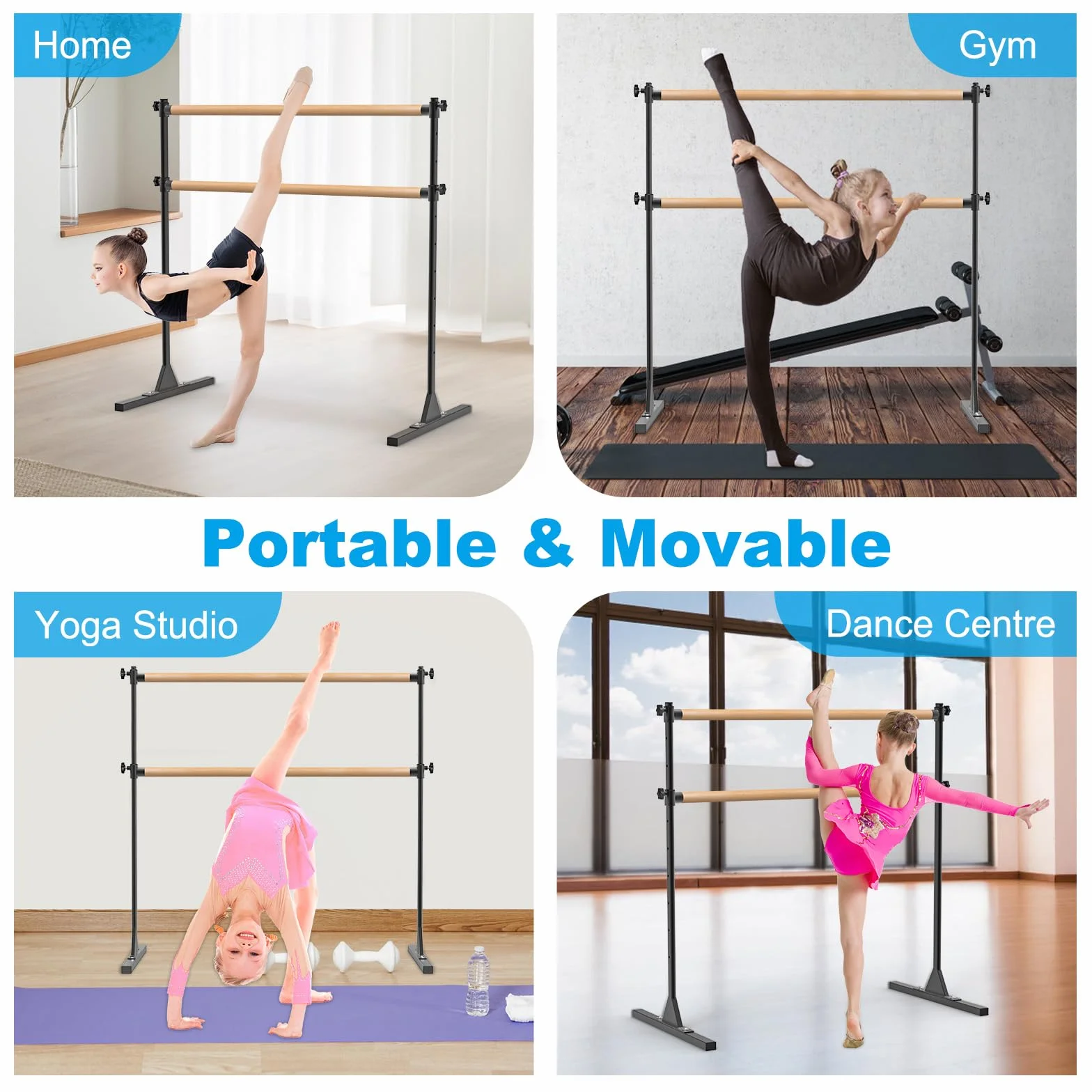 BeneLabel Ballettstange Freistehend, 10 Höhenverstellbare Ballet Stange Kinder Mädchen Tragbare Tanzstange Erwachsene Zuhause Mobile Boden Fitness Yoga Stretchstange