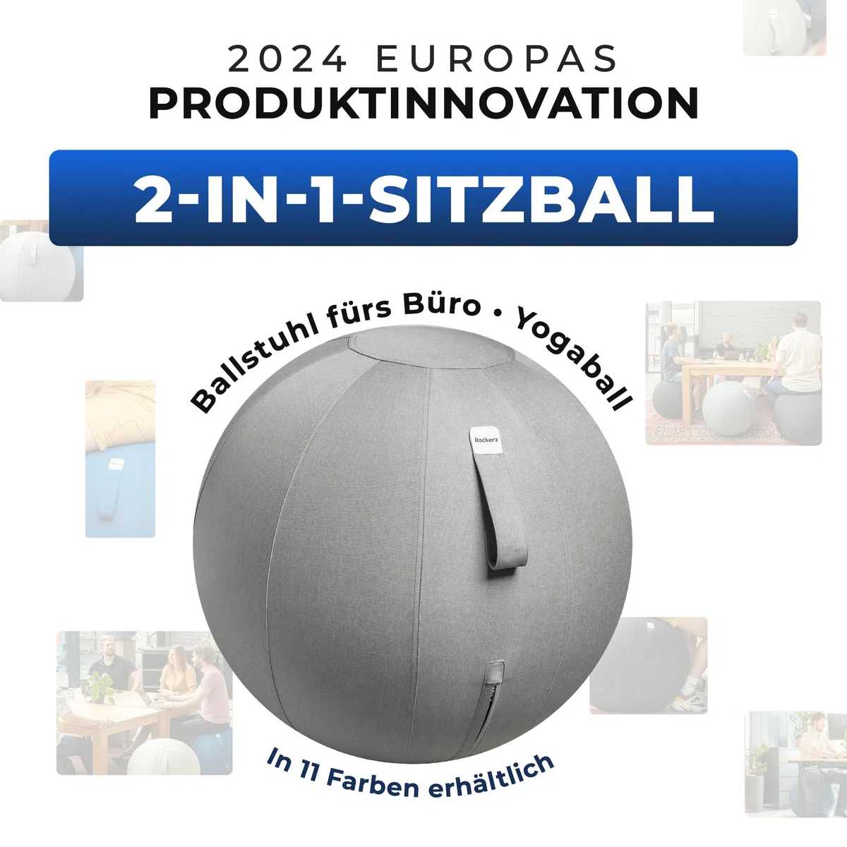 Backerz Sitzball Büro Ergonomisch 75 cm, Ergonomische Sitzmöbel für Büro und Heimbüro, Langlebiger Stoff, Gymnastikball - Fitness-Ball, Ballstuhl mit Ballauflage - Waschbarer Leinenbezug - Hellgrau