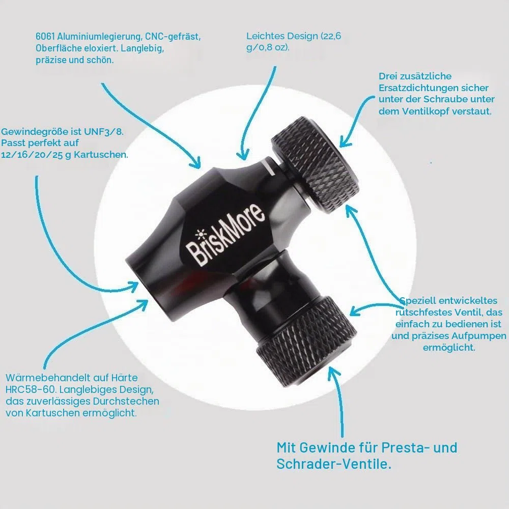 BriskMore CO2 Inflator Kit für Fahrradreifen, Presta- und Schrader-Ventil kompatibel, Fahrradreifenpumpe für Mountain- und Rennräder, inklusive Isoliermanschette
