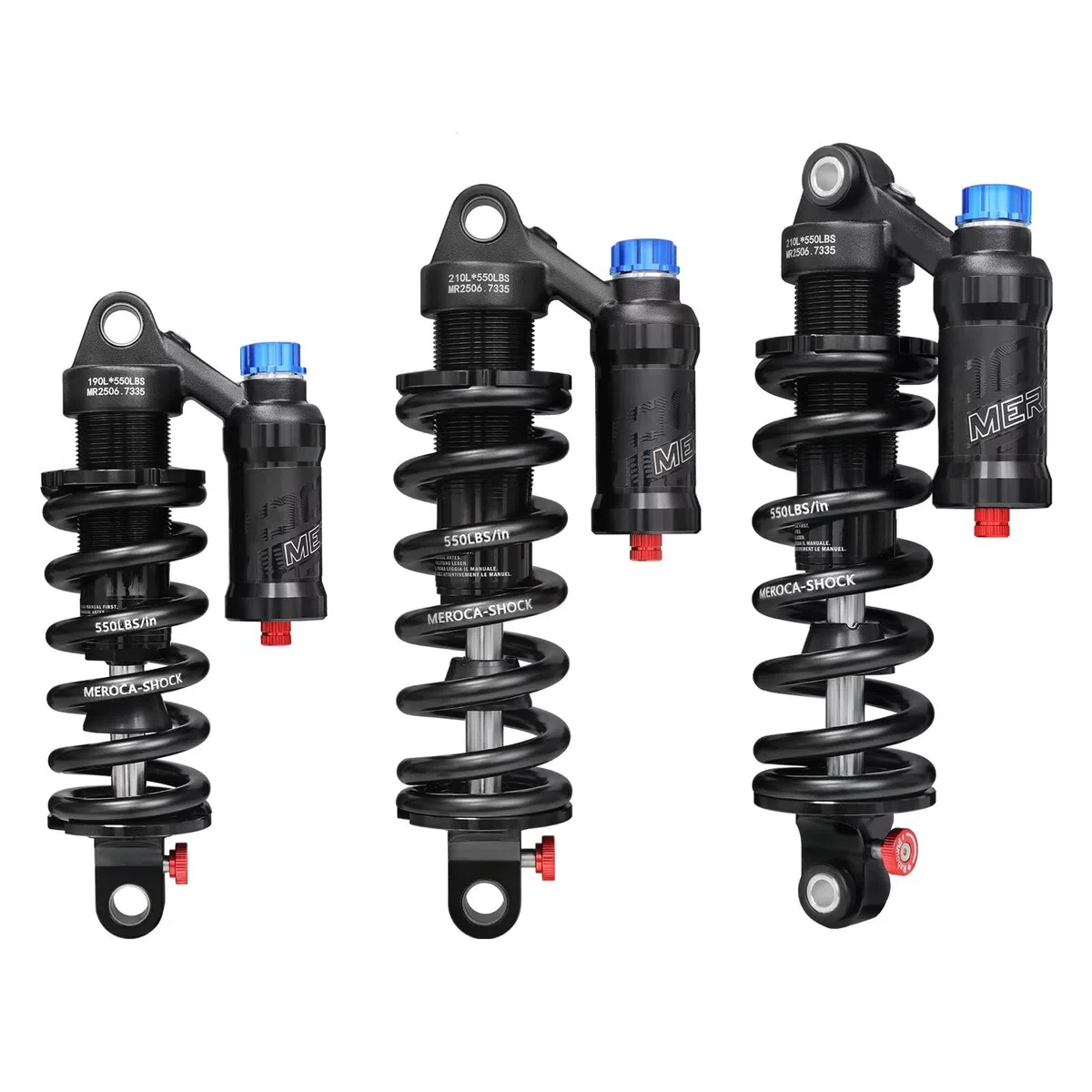 MEROCA Einstellbarer Luftfeder-Spiralfeder-Über-Stoßdämpfer für Mountainbikes, 190-265mm, 550LBS-Feder, Rückprall, Kompression, Vorspannung und Luftdruck (200-300 PSI) Passend für MTB/Downhill/E-Bikes