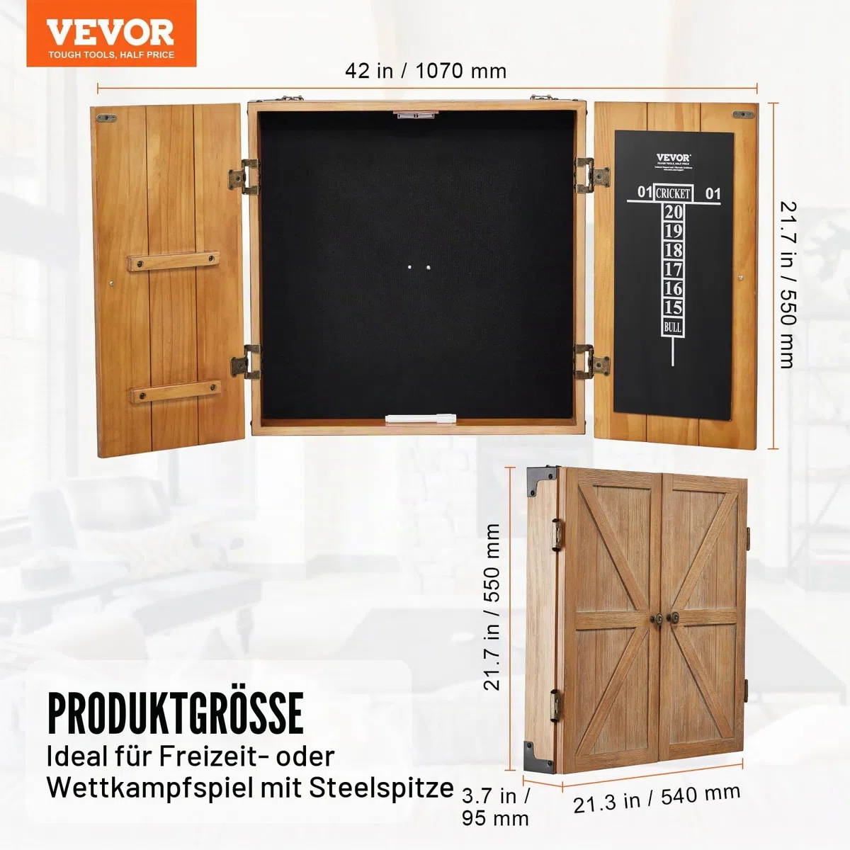 VEVOR Dartboard-Schrank-Set aus Massivholz, versteckbarer Schrank in offizieller Größe mit Zubehör für Cricket-Spiele (Dartboard Nicht im Lieferumfang enthalten)