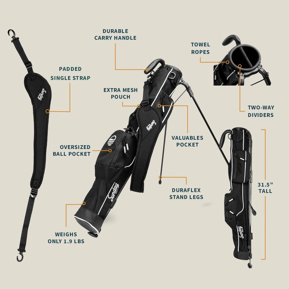Sunday Golf – Leichte Sonntagsgolftasche mit Gurt und Ständer – einfach zu tragen und langlebig Pitch n Putt Golftasche – Golf-Standtasche für die Driving Range, Par 3 und Executive Courses – 80 cm