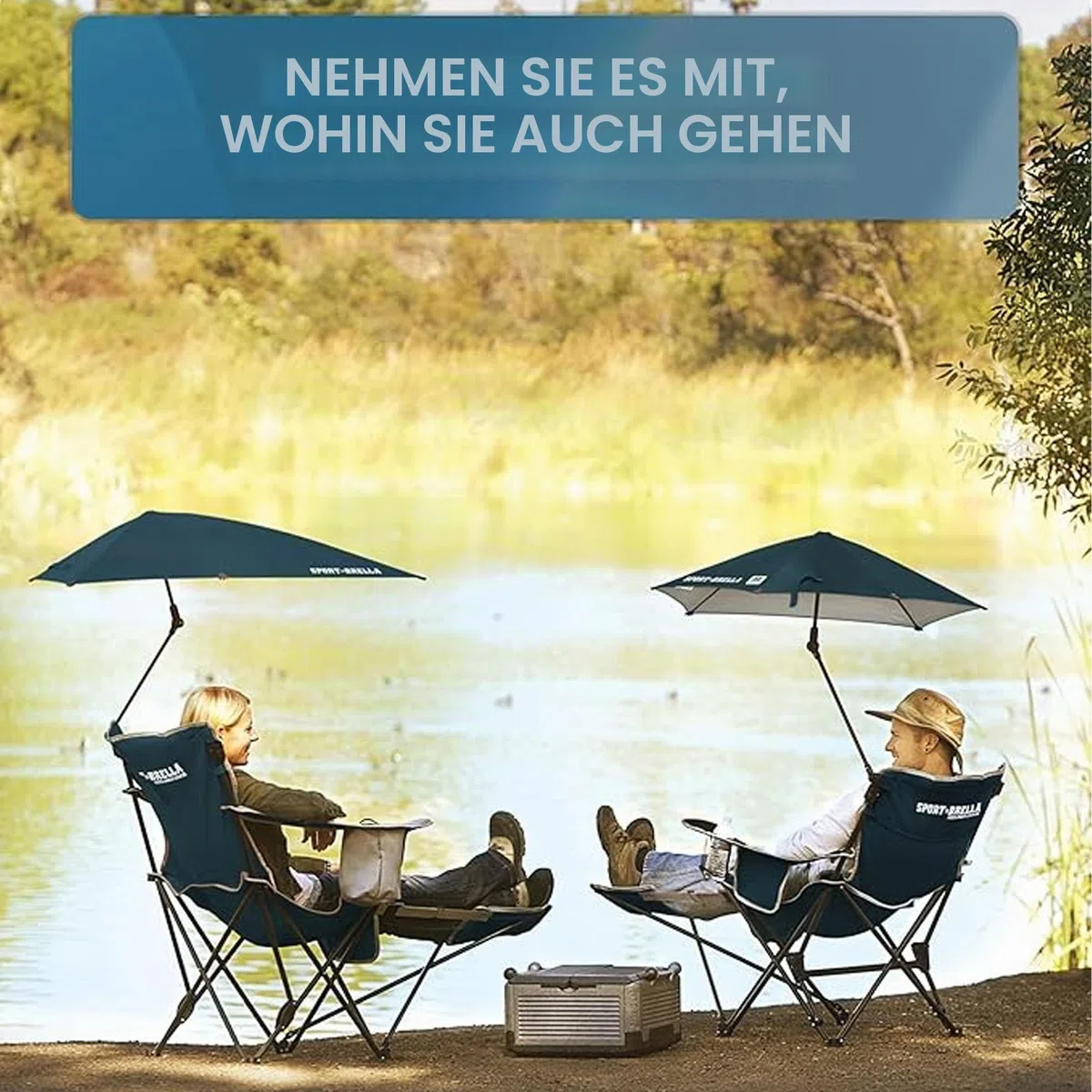 Sport-Brella Tragbarer Strandstuhl mit Kühlfach - Leichter Klappstuhl für Camping, 76 cm, 1 Stück, Ideal für Outdoor-Aktivitäten, Festivals und Entspannung am Wasser - UV-Schutz, Mitternachtsblau