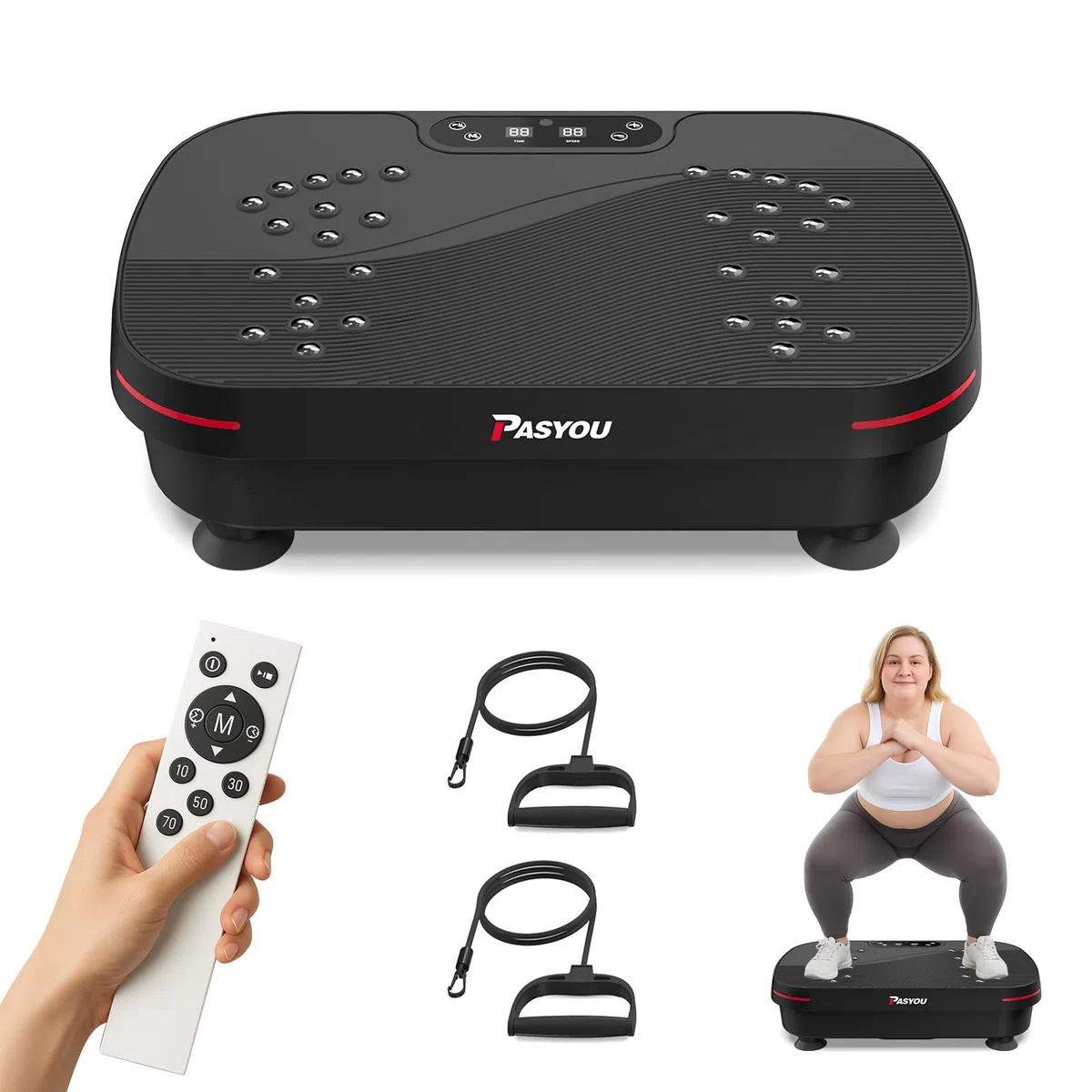 PASYOU Vibrationsplatte, Vibration Plate Leise und Kompakte für Abnehmen, Ganzkörpertraining, Muskelaufbau, Rüttelplatte Sport für Zuhause 99 Intensitätsstufen mit Widerstandsbändern