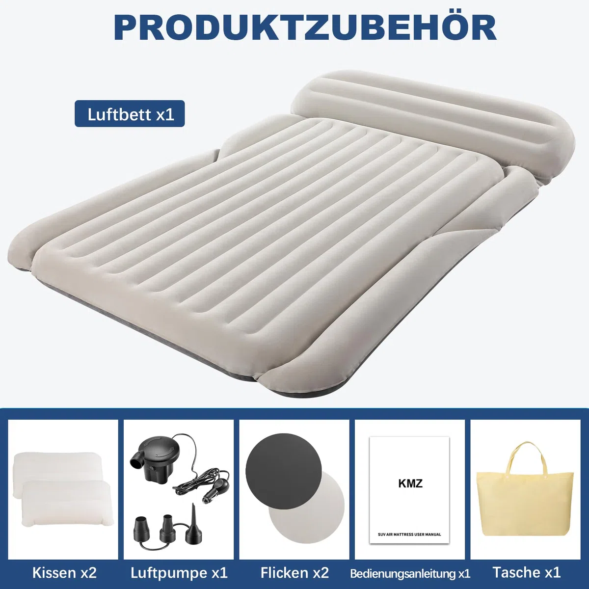 KMZ SUV Luftmatratze Dickere Doppelseitige Beflockung Camping Matratze – Tragbares Bewegliche Schlaf-Auto-Bett – Bequeme Aufblasbare Reisen Luftbett mit Elektrische Luftpumpe und 2 Kissen