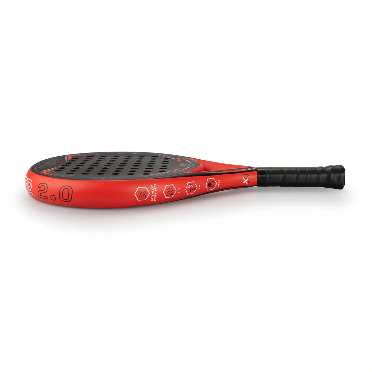 XQMax - Thunder Padel Schläger 2.0 Schwarz/Rot, Einsteiger Racket + Handgelenksband, Runder Form + Sweet Spot, Carbon, Glasfaser & Schaumstoff
