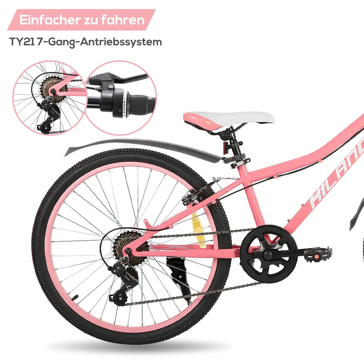 HILAND Climber 24 Zoll Kinderfahrrad, Kinder Mountainbike für Jungen Mädchen mit Federgabel 7 Gang, Kinder MTB mit V-Bremsen, Schwarz/Blau/Mintgrün/Rosa