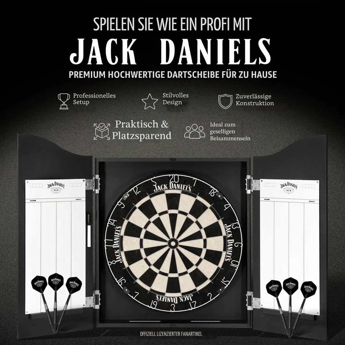Offiziell lizenziertes Jack Daniel's bedruckte Dartpfeile in Schwarz inklusive Dartscheibe | JD Logo (CAB512), L