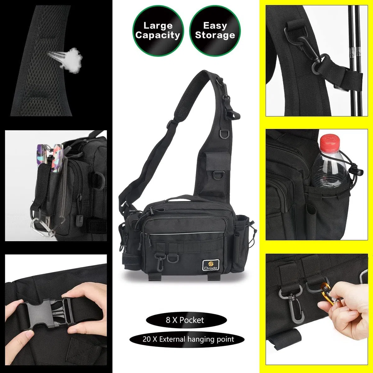 drado Angeltasche Sling Angeltasche, Wasserdicht und verschleißfest Angelrucksack für Angelzubehör(schwarz)