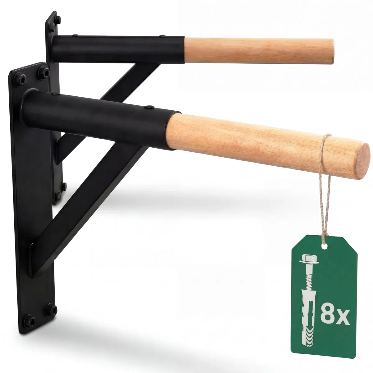 Dip Barren Wandmontage – Dip Station aus Stahl & Buchenholz | 38mm Griff, bis 150 kg, 45cm Wandabstand | Calisthenics Dip Stange für Home Gym