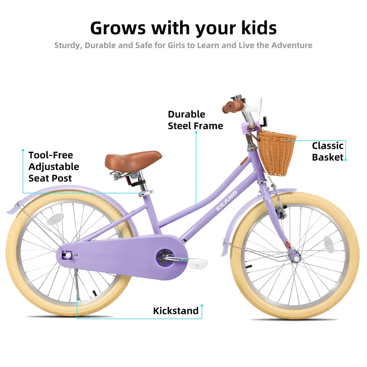 KEANO Marigold 12/16-Zoll-Kinderfahrrad für Mädchen im Alter von 2 bis 7 Jahren, 12/16-Zoll-Mädchenfahrrad mit Stützrädern, 20-Zoll-Mädchenfahrrad mit Ständer und Korb