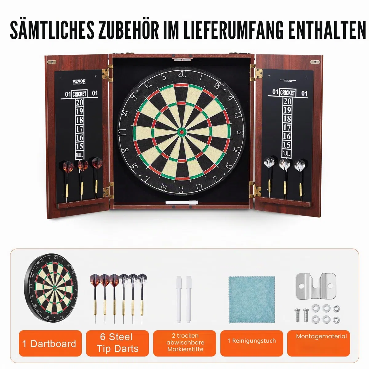 VEVOR Dartboard- und Schrankset Dartboard-Schrank in offizieller Größe, Dartscheibe 45 x 3,8 cm versteckbarer Dartschrank mit Stahlspitzen, komplett mit sämtlichem Zubehör, für Cricket-Spiele