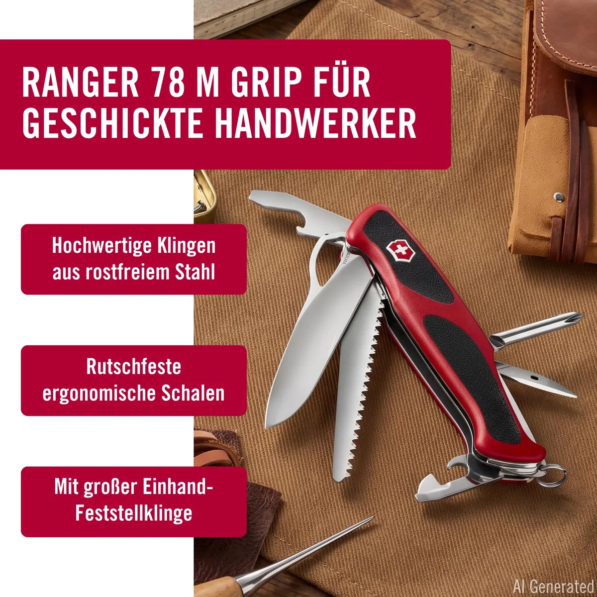 Victorinox Schweizer Taschenmesser Gross, Ranger 78 M, Swiss Army Knife, Multitool, 12 Funktionen, Einhand-Feststellklinge, Kapselheber, Rot/Schwarz