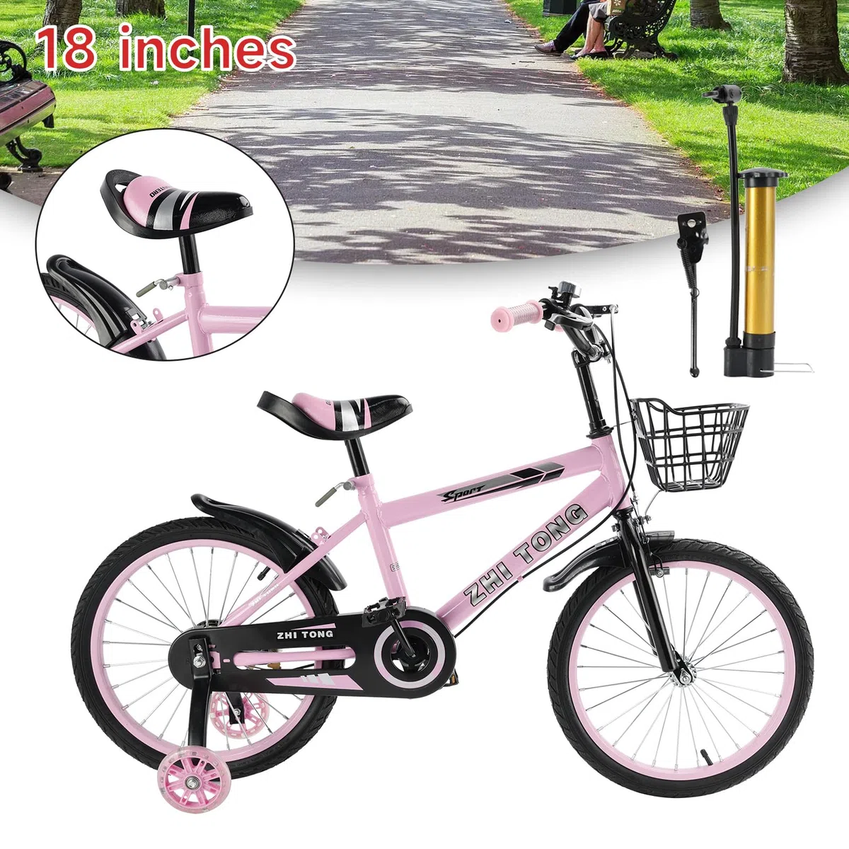 18 Zoll Kinderfahrrad, Verstellbarer Sitz & Lenker, Kohlenstoffstahlrahmen, Doppelbremsen, Stoßfeste Speichenräder, Magnetische Blitzräder, Abnehmbare Stützräder, Jungen/Mädchen Fahrrad