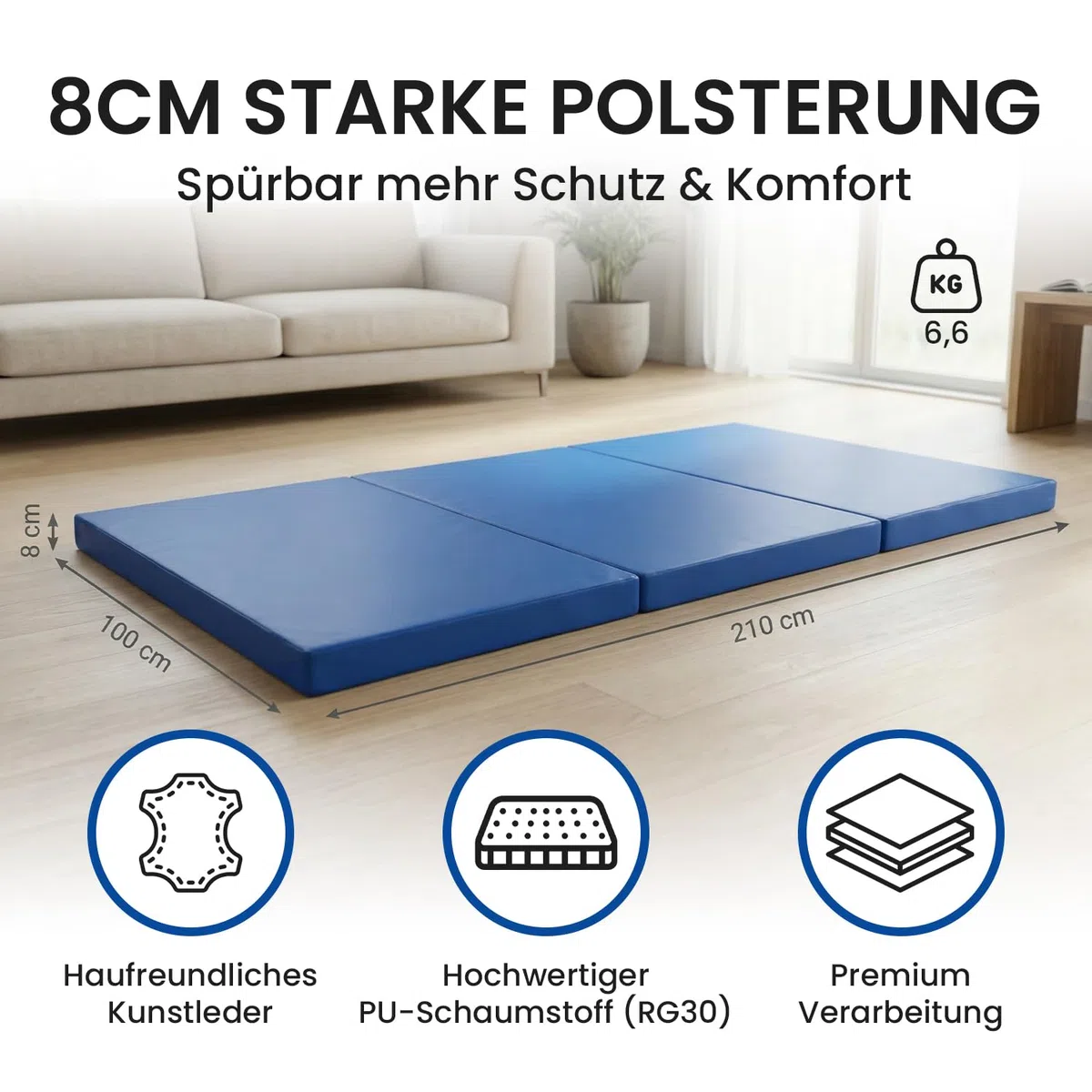 Jeflex - klappbare Weichbodenmatte & Turnmatte 210 x 100 x 8 cm MADE IN GERMANY/Gymnastikmatte tragbar/platzsparende Fitnessmatte & Yogamatte/Spielmatte für Kinderzimmer