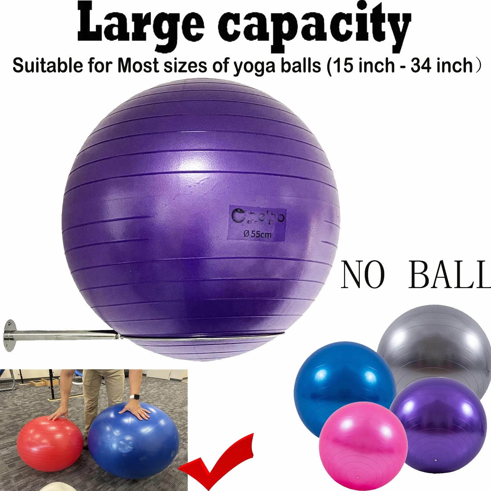 Wandmontierter Edelstahl-Gymnastikballhalter, stabiler Yoga-Ball-Aufbewahrungsregal, Stabilitätsball-Display-Halter, für Übung/Yoga/Stabilitätsbälle 32 cm bis 86 cm, mit Befestigungsschrauben
