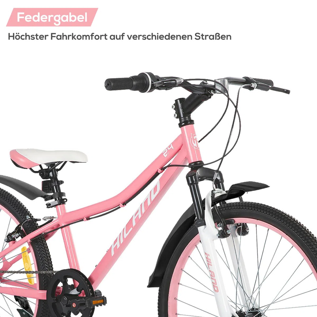 HILAND Climber 24 Zoll Kinderfahrrad, Kinder Mountainbike für Jungen Mädchen mit Federgabel 7 Gang, Kinder MTB mit V-Bremsen, Schwarz/Blau/Mintgrün/Rosa