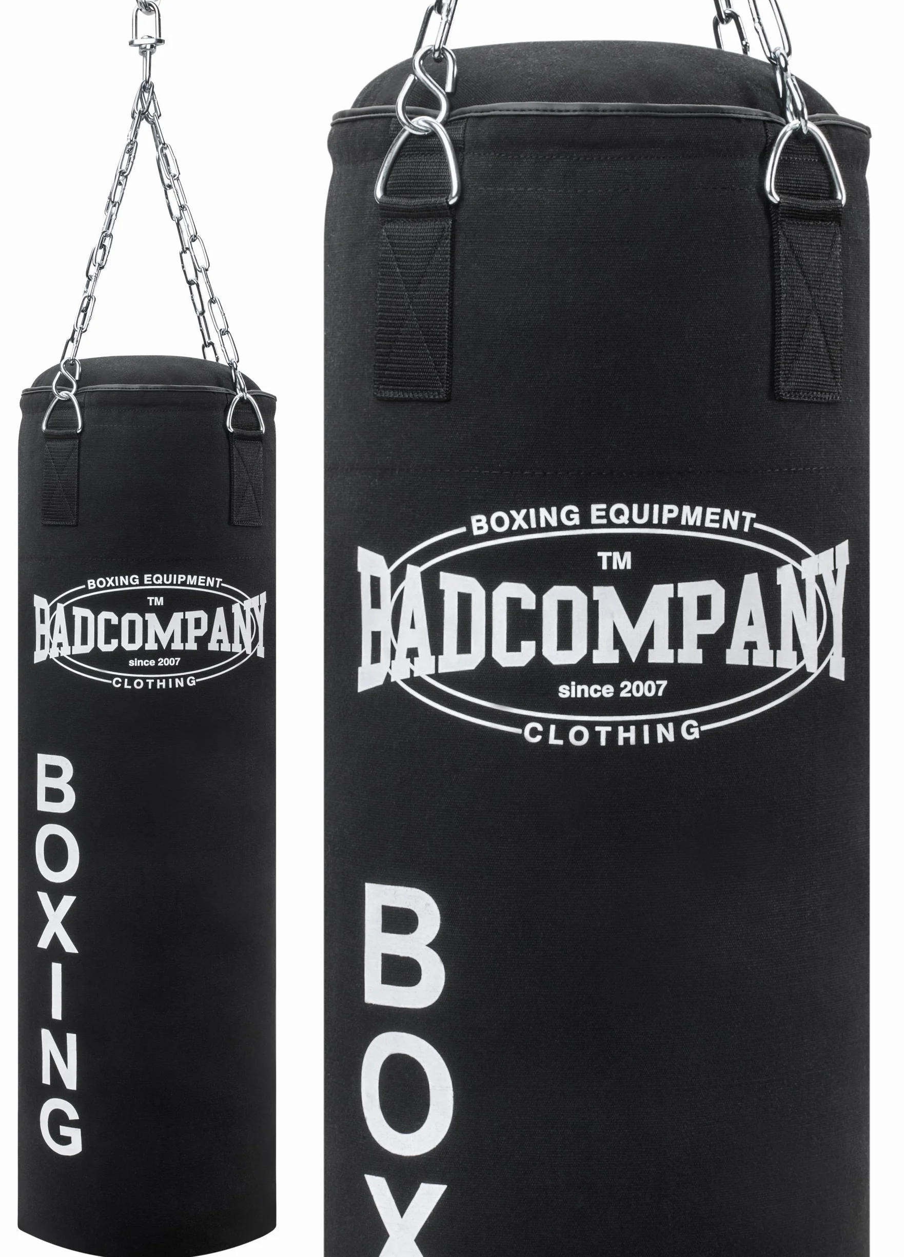 Bad Company Boxsack inkl. Heavy Duty Stahlkette I Canvas Punching Bag, gefüllt/ungefüllt I 80 x 30 cm I 100 x 30 cm I 120 x 30 cm