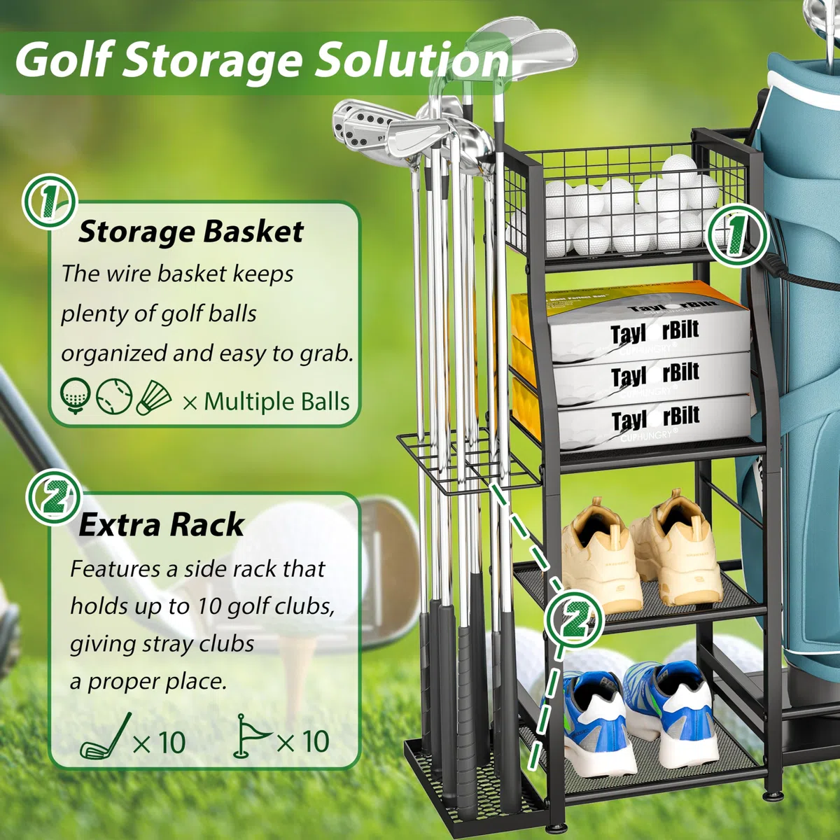 Golftaschenständer für Golftaschen-Zubehör, Golftaschen-Aufbewahrungs-Organizer passend für 3 Taschen für Garagenorganisation, Golf-Organizer mit zusätzlichem Aufbewahrungsregal für Golfschläger und