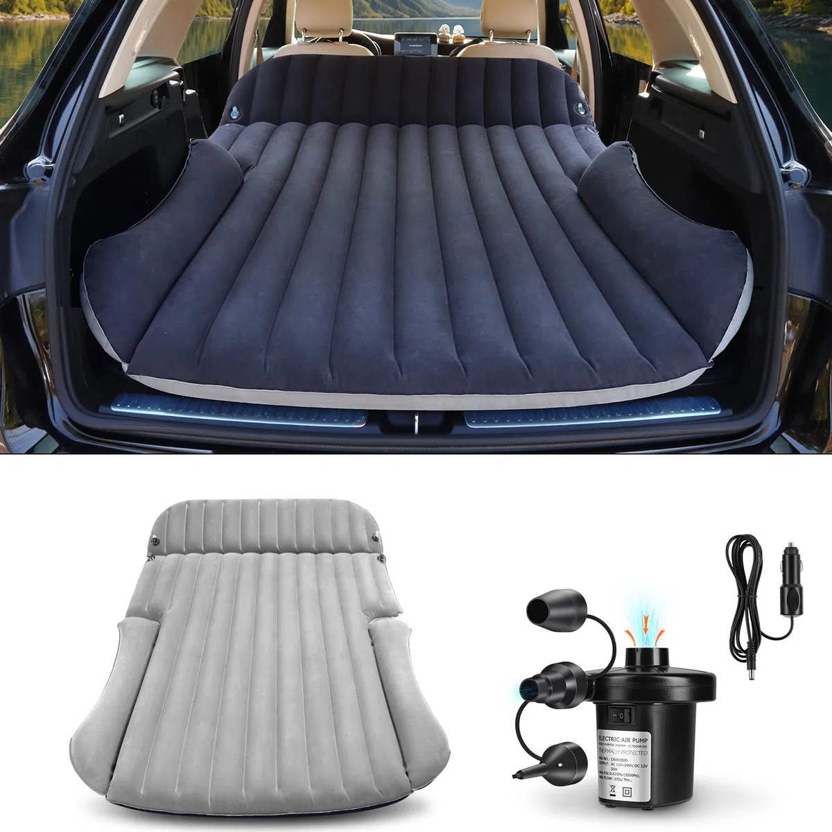 Ciremiv Auto Matratze mit Doppelseitiger, Dicker Beflockung,Auto Luftmatratze mit Pumpe und Eingebautem Kissen/Auslaufsichere, Bequeme, Langlebige Autobett,Car Bed für Autocamping, Roadtrip