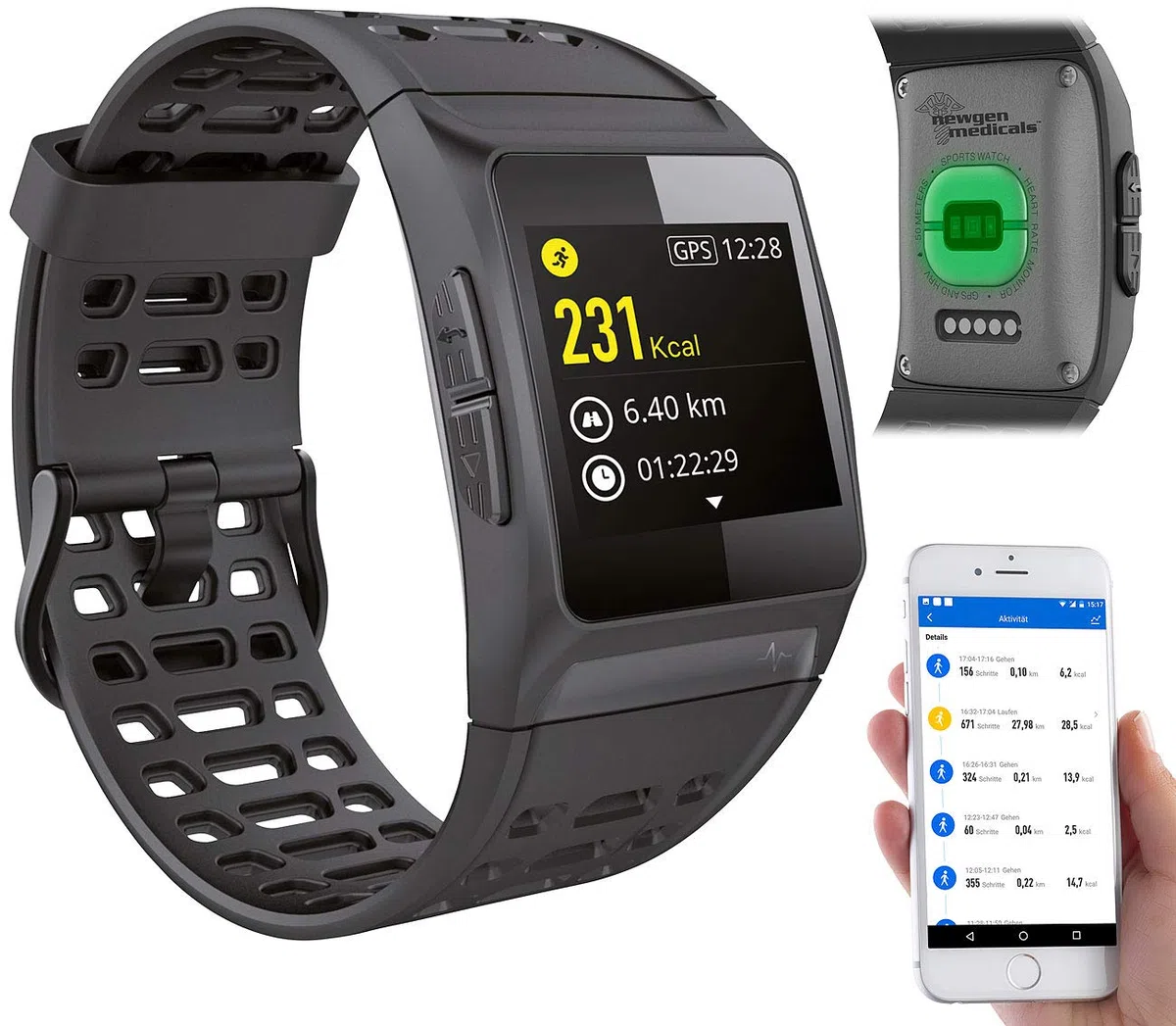 Newgen Medicals Smartwatch GPS Puls: GPS-Sportuhr, Bluetooth, Fitness, Puls, Nachrichten, Farbdisplay, IP68 (Fitnessuhr mit GPS, Smartwatch GPS wasserdicht, Entfernungsmesser)