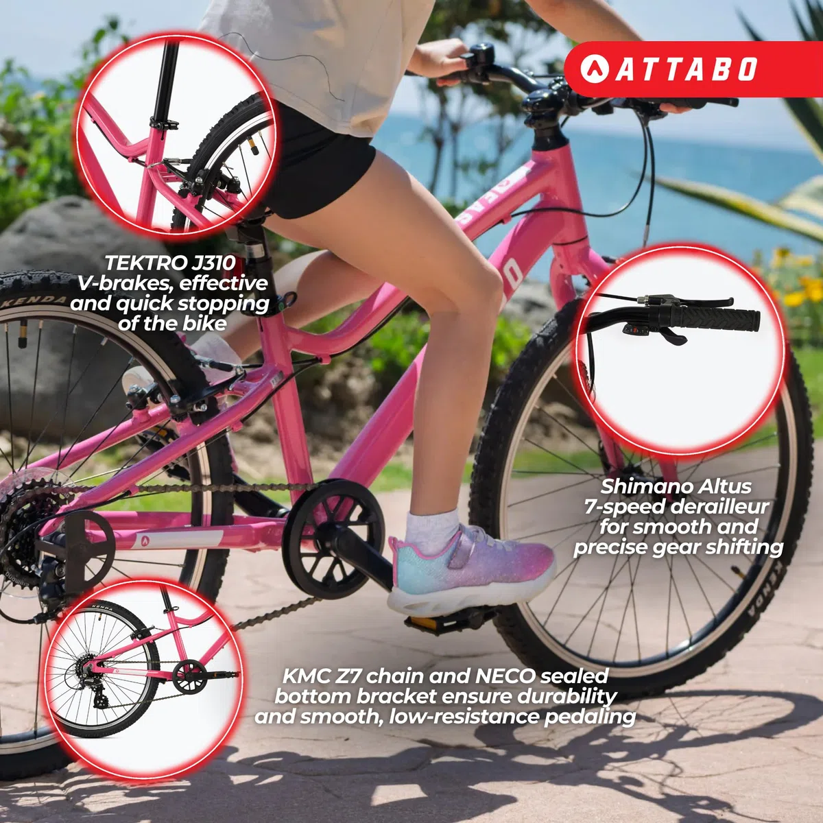 ATTABO Leichtes Kinderfahrrad 10 kg – Fahrrad für Mädchen – Aluminium 6061 – 24 Zoll Rosa – für Schulweg und Ausflüge 7 bis 11 Jahre