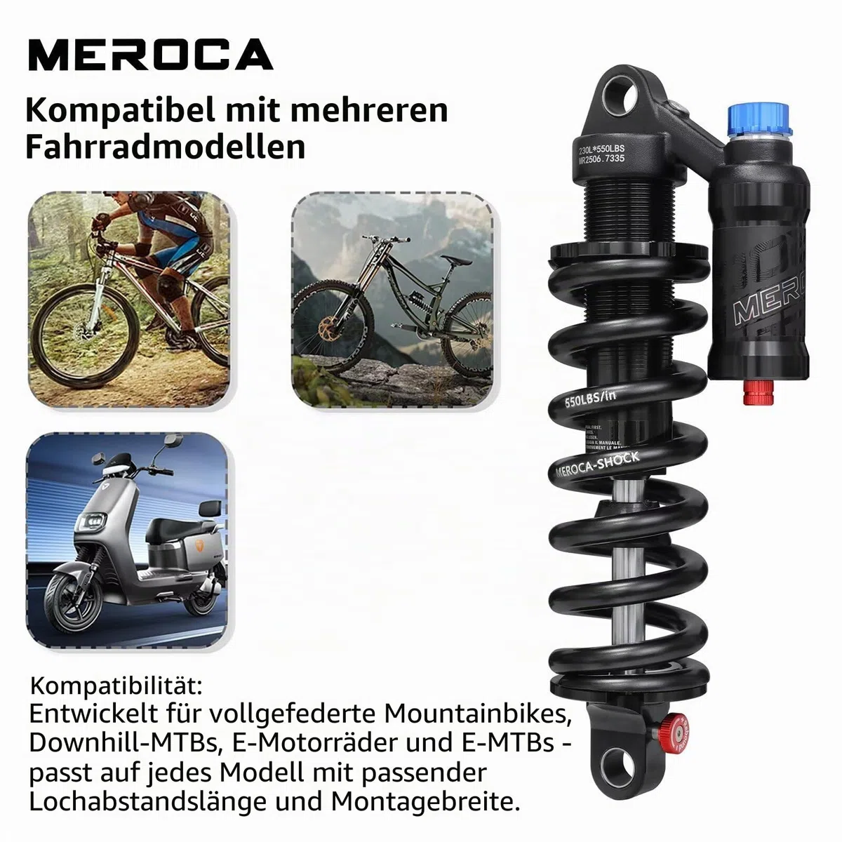 MEROCA Einstellbarer Luftfeder-Spiralfeder-Über-Stoßdämpfer für Mountainbikes, 190-265mm, 550LBS-Feder, Rückprall, Kompression, Vorspannung und Luftdruck (200-300 PSI) Passend für MTB/Downhill/E-Bikes