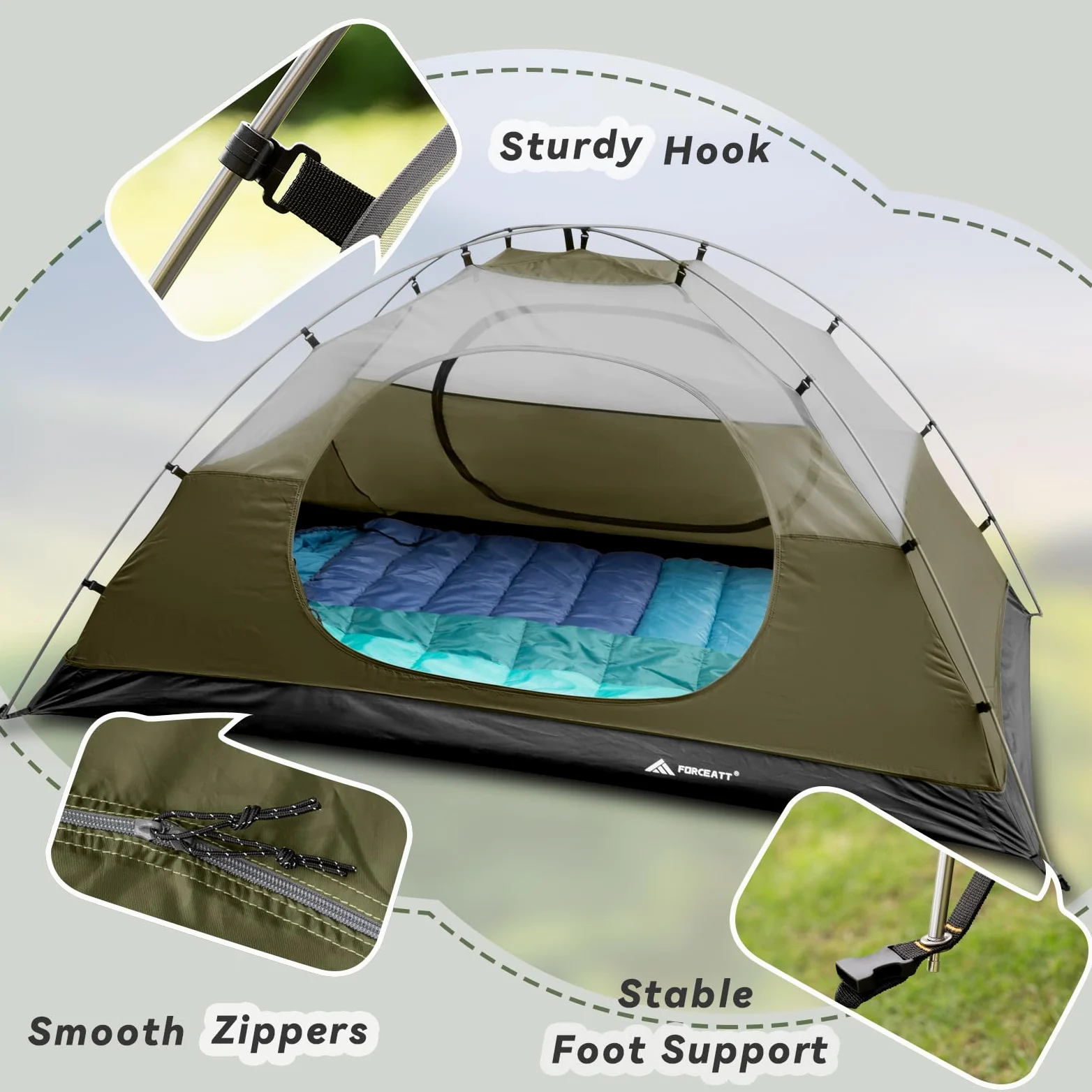 Forceatt Zelt 2-4 Personen Camping Wasserldicht 3-4 Saison,Ultraleicht Zelte Mit Kleinem Packmaß, Kuppelzelt Sofortiges Aufstellen Für Trekking, Outdoor, Festival