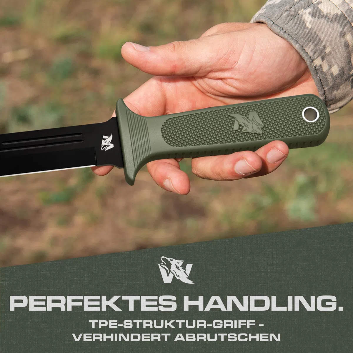 ODENWOLF W Catcher - Großes Jagdmesser aus D2-Stahl - Großes Feststehendes Messer mit Scheide - Einschneidiges Schwert mit TPE-Griff - Full Tang Survival Messer für Outdoor Aktivitäten