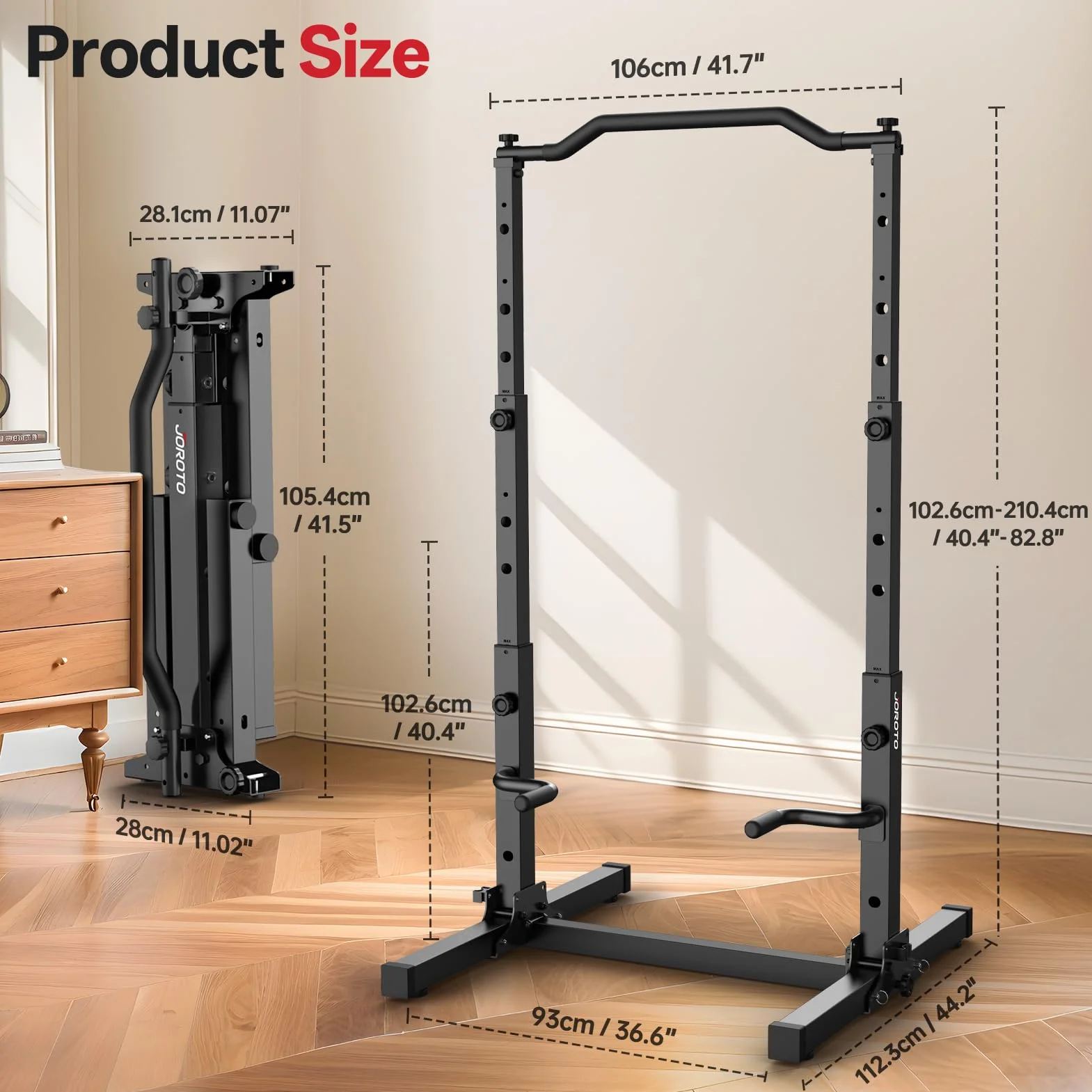 JOROTO Faltbar Power Tower Klimmzugstange & Dip Station, Freistehend Höhenverstellbar, 5-in-1 Rückentrainer für Zuhause, Multifunktionale Krafttraining Home Gym, 172KG Belastung