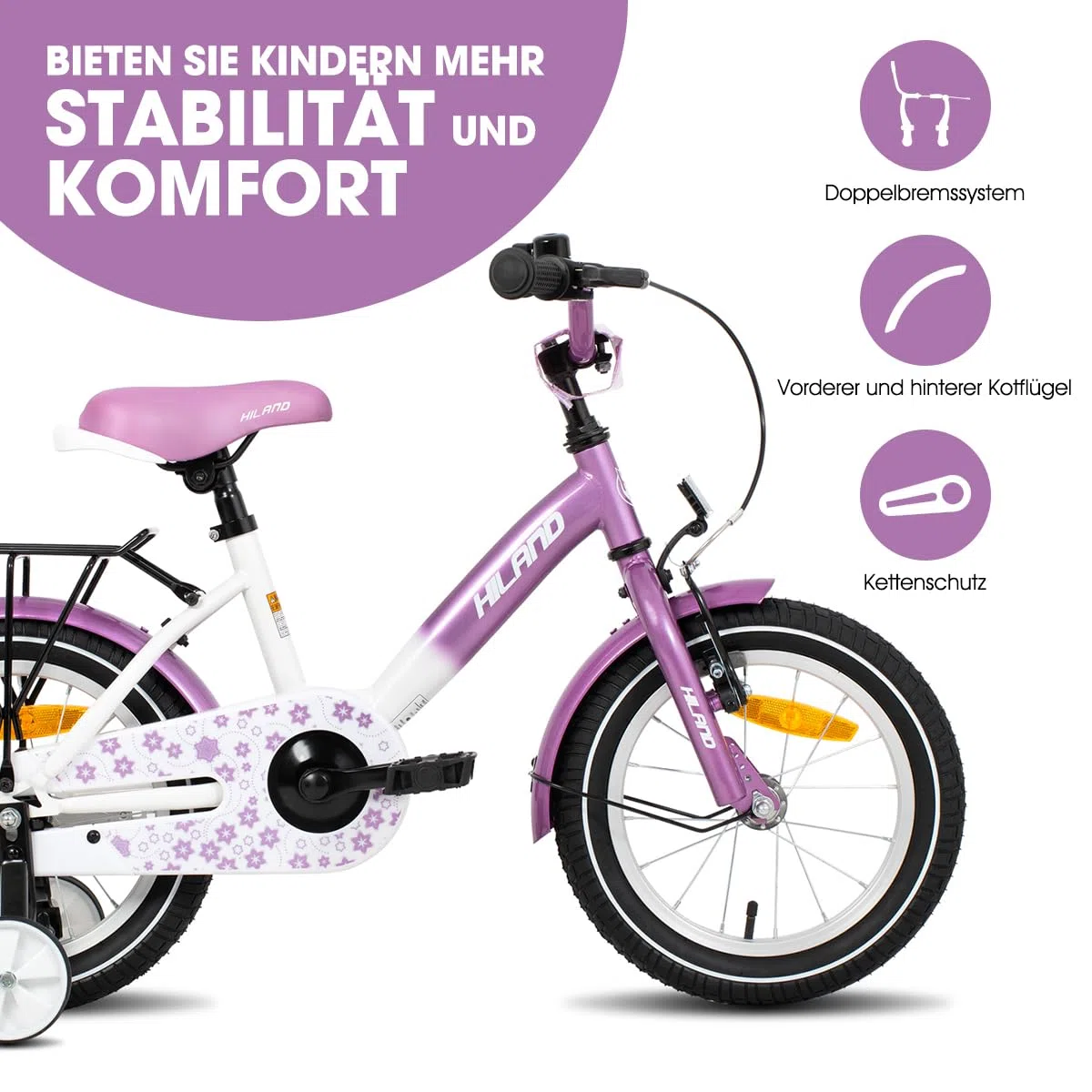 HILAND Starry 12/14/16 Zoll Kinderfahrrad, Mädchenfahrrad mit Stützrädern, Rosa/Lila Kinderfahrrad Handbremse Rücktrittbremse Gepäckträger
