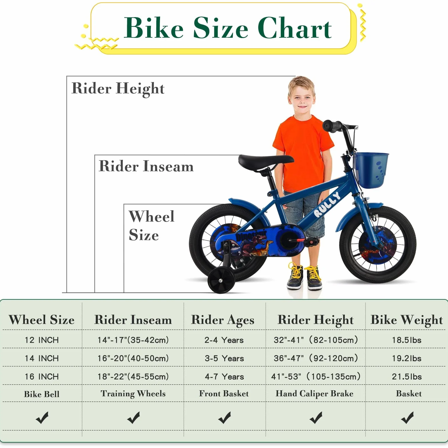 RULLY Dinosaur Kinderfahrrad für Jungen von 2-7 Jahren, 12, 14, 16 Zoll BMX-Stil Kinderfahrräder mit Stützrädern, Kinderfahrrad für Kleinkinder