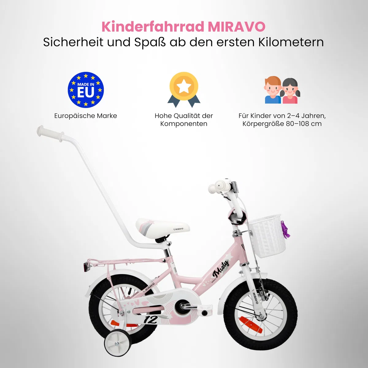 Kinderfahrrad Fahrrad Kinder Ab 2 Bis 8 Jahre Schubstange V-Brake Bremsen Rückstrahl Aufkleber 12 16 20 Zoll Radgröße Korb Für Mädchen Misty
