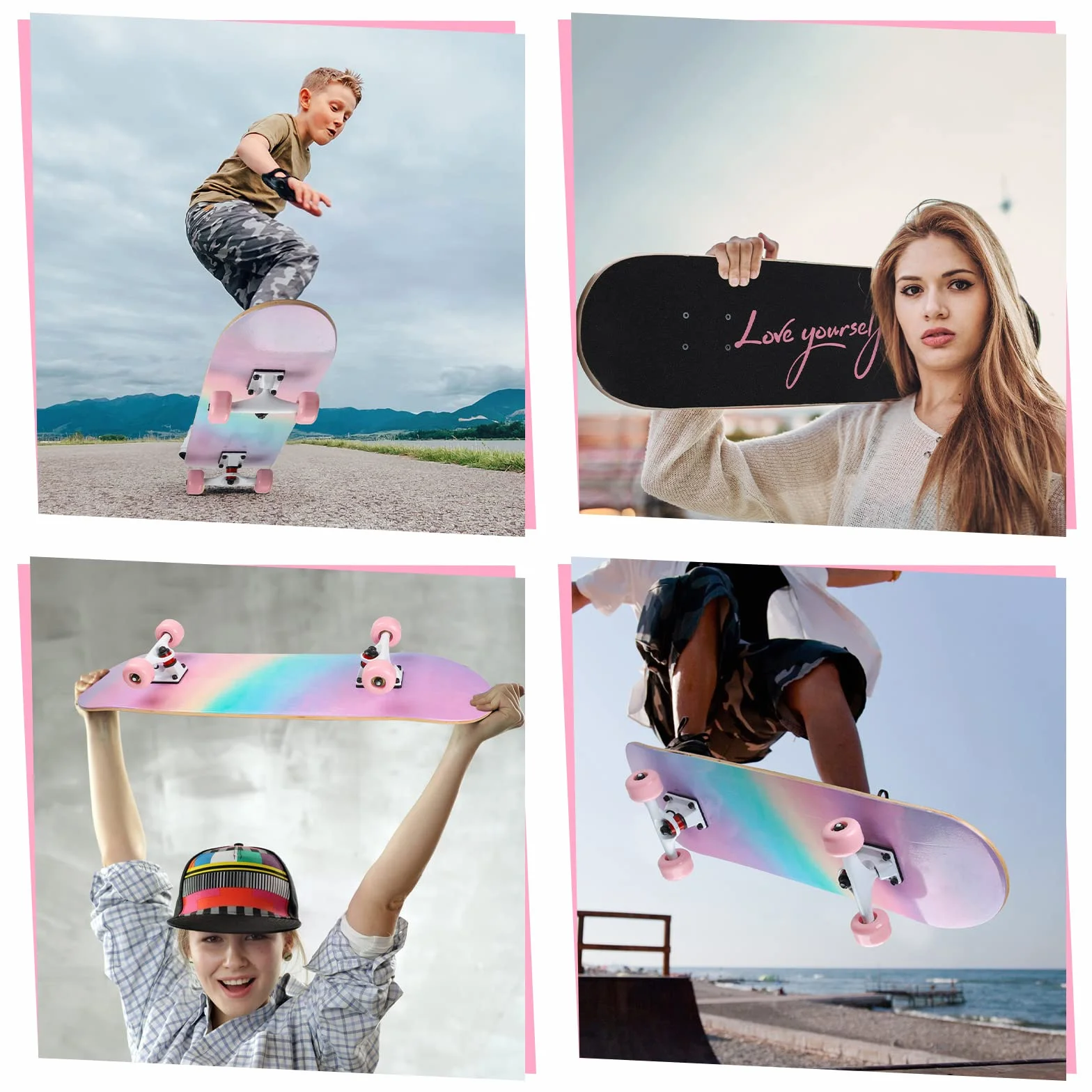 Skateboard für Jugendliche, Mädchen, Kinder, Erwachsene, Anfänger, 7 Schichten aus Ahornholz, Tablett, 80 x 20 cm, Tasche, Skateboard, Regenbogenpulver