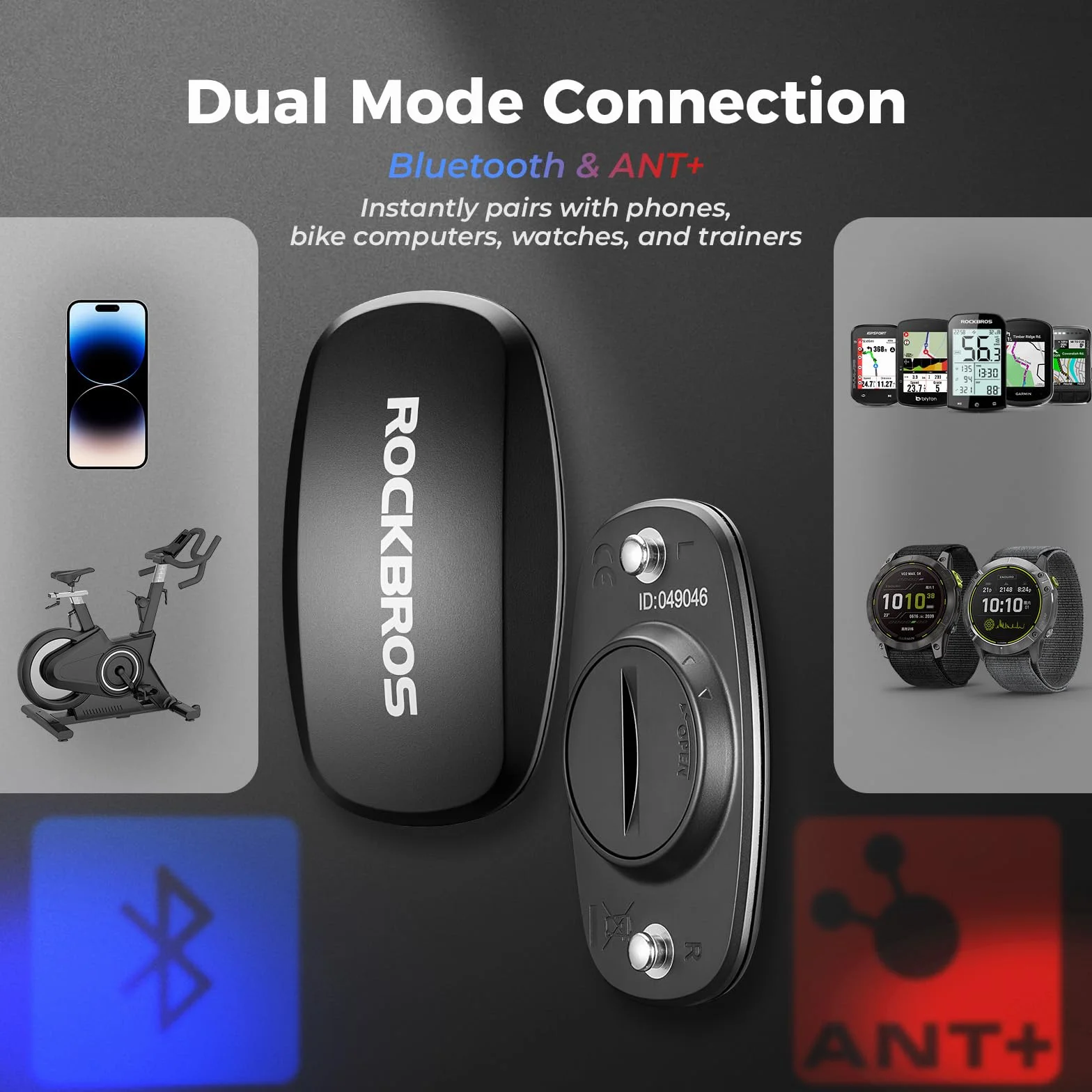 ROCKBROS Herzfrequenzmesser Brustgurt Bluetooth & ANT+, Präzise Echtzeit Herzfrequenz, 800 Std Laufzeit, IP67 Wasserdicht, nur 13g, Kompatibel mit Garmin, Wahoo, Polar, Strava, Sports Tracker