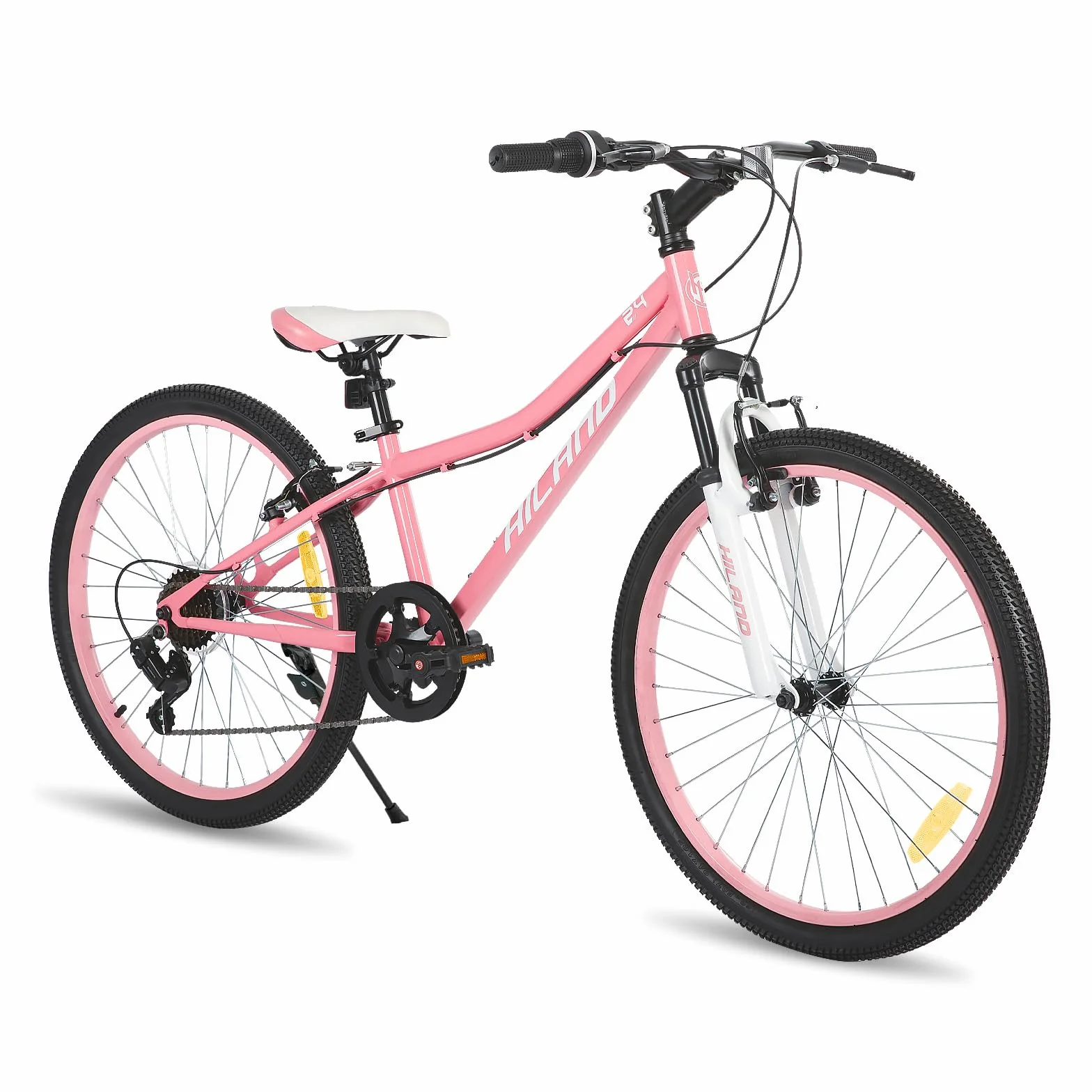 HILAND Climber 24 Zoll Kinderfahrrad, Kinder Mountainbike für Jungen Mädchen mit Federgabel 7 Gang, Kinder MTB mit V-Bremsen, Schwarz/Blau/Mintgrün/Rosa