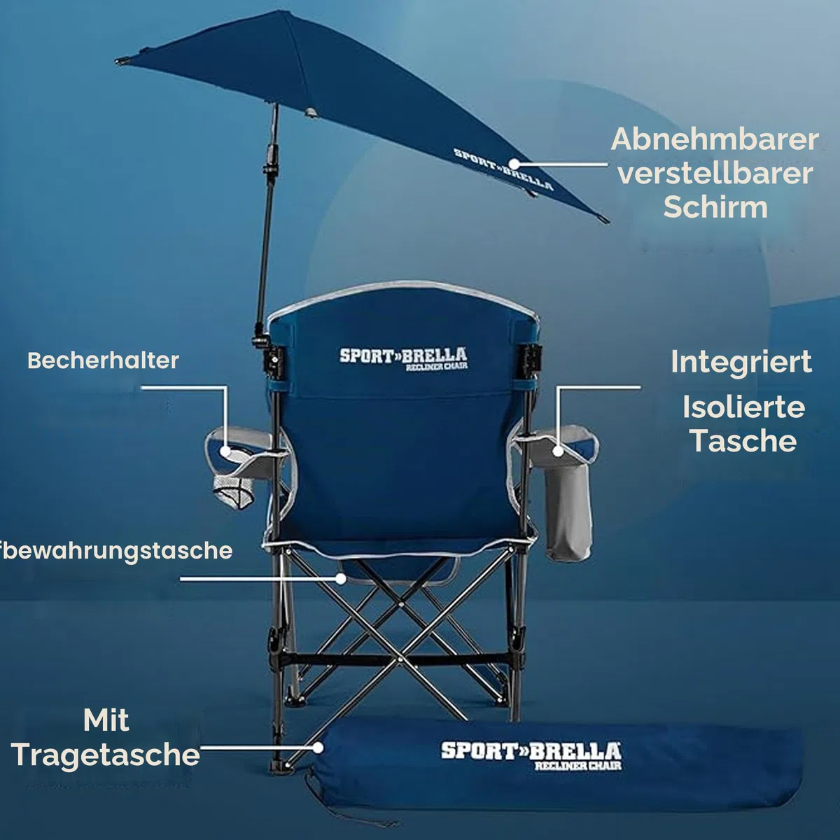 Sport-Brella Tragbarer Strandstuhl mit Kühlfach - Leichter Klappstuhl für Camping, 76 cm, 1 Stück, Ideal für Outdoor-Aktivitäten, Festivals und Entspannung am Wasser - UV-Schutz, Mitternachtsblau