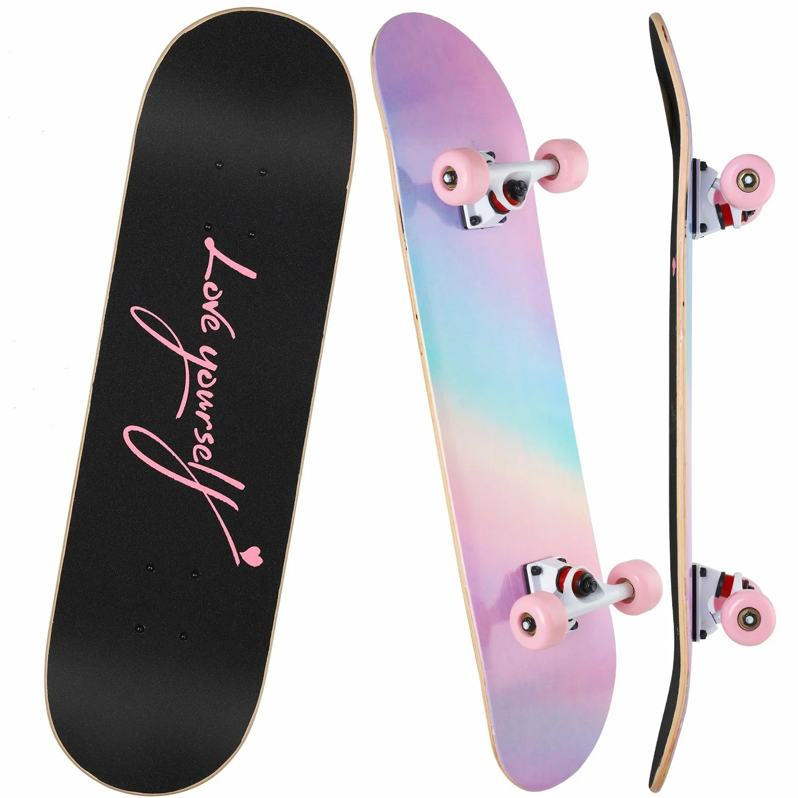 Skateboard für Jugendliche, Mädchen, Kinder, Erwachsene, Anfänger, 7 Schichten aus Ahornholz, Tablett, 80 x 20 cm, Tasche, Skateboard, Regenbogenpulver